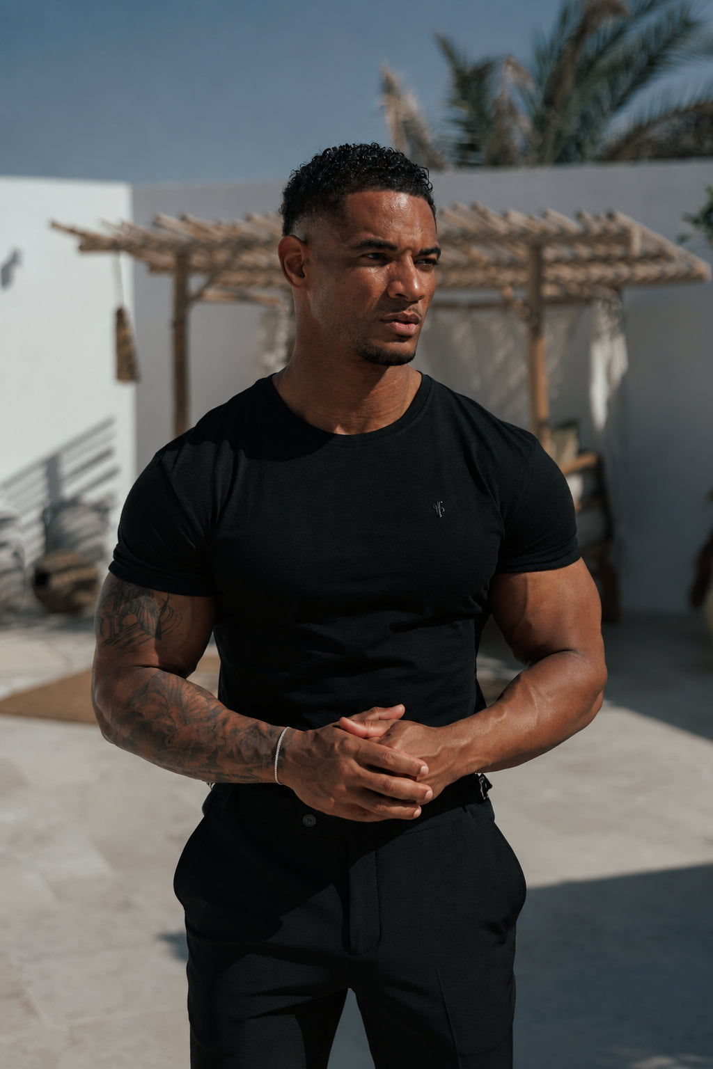 Black Crew Tshirt with Black Metal Emblem Decal FSH1454