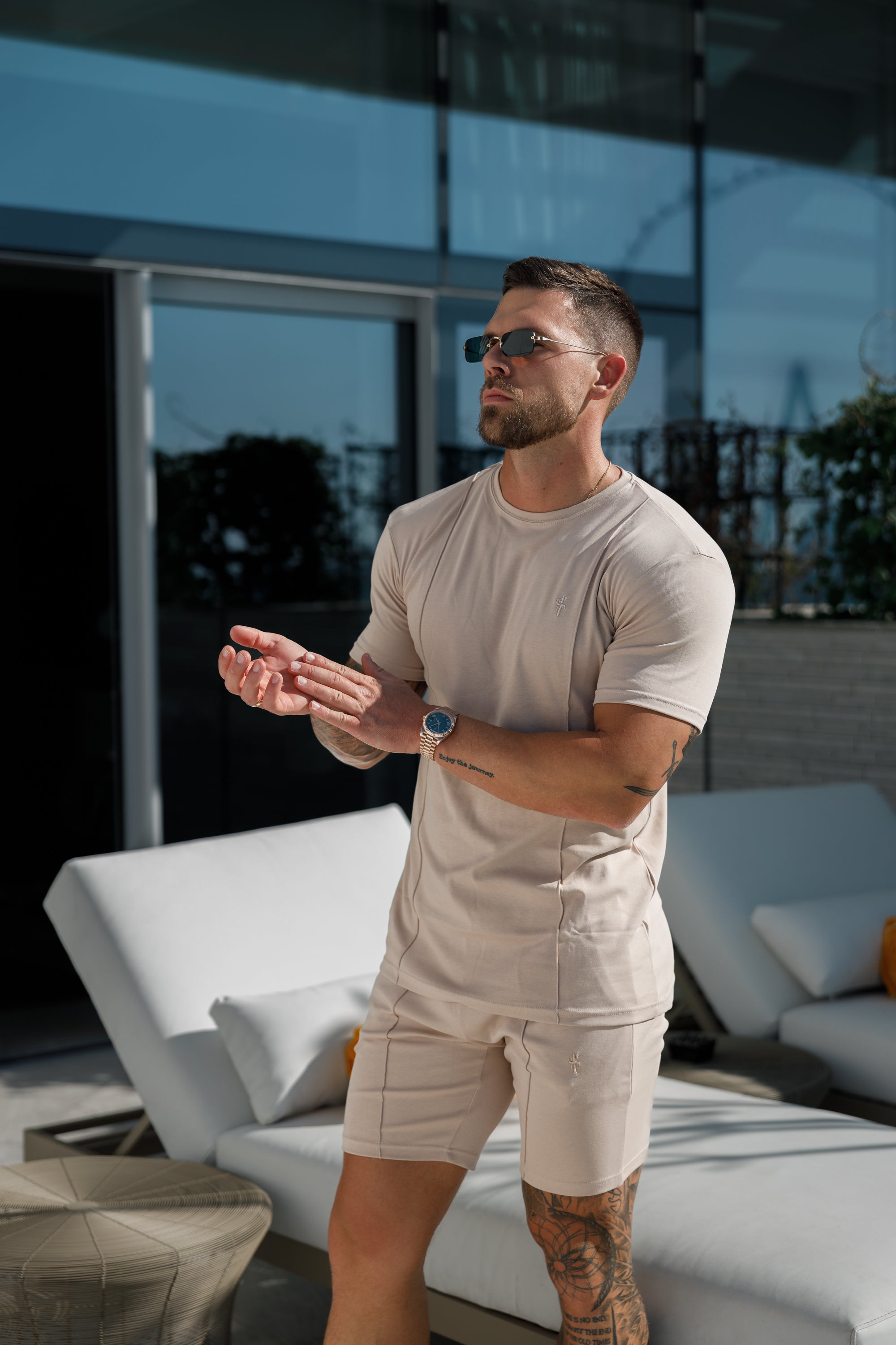 Beige Crew T Shirt With Pintuck Detail - FSH1050