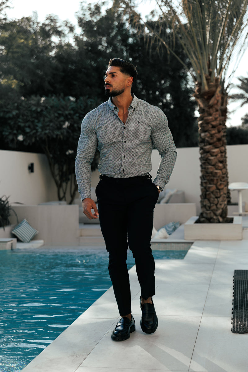 Father Sons Super Slim Stretch Black / White Diamond Print Long Sleeve with Button Down Collar - FS1226