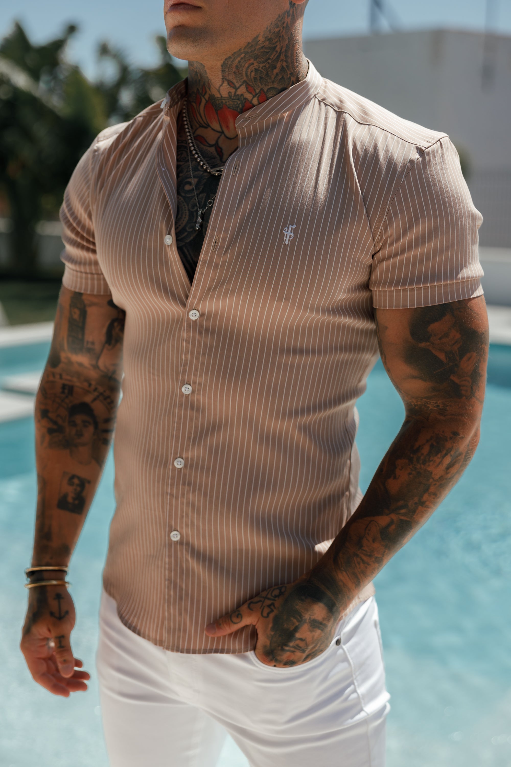 Super Slim Stretch Taupe Printed Pinstripe Short Sleeve with Grandad Collar - FS1058