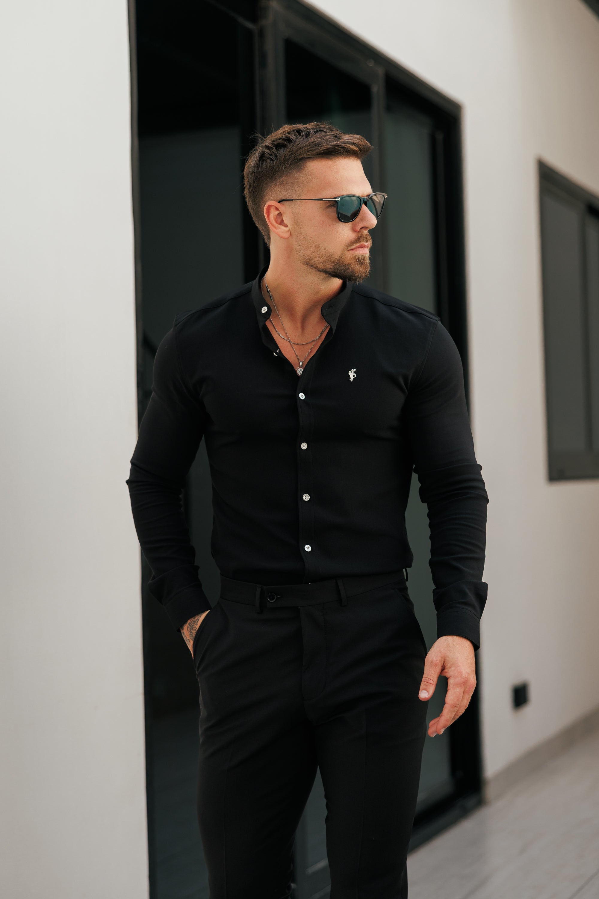 Super Slim Scuba Black / Silver Long Sleeve Stretch with Grandad Collar - FS1191