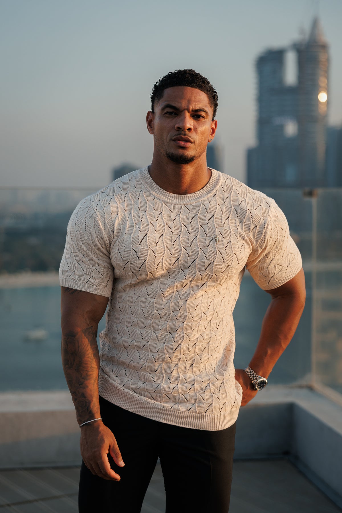Beige Wave Weave Knit Short Sleeve Sleeve T-Shirt - FSJ171