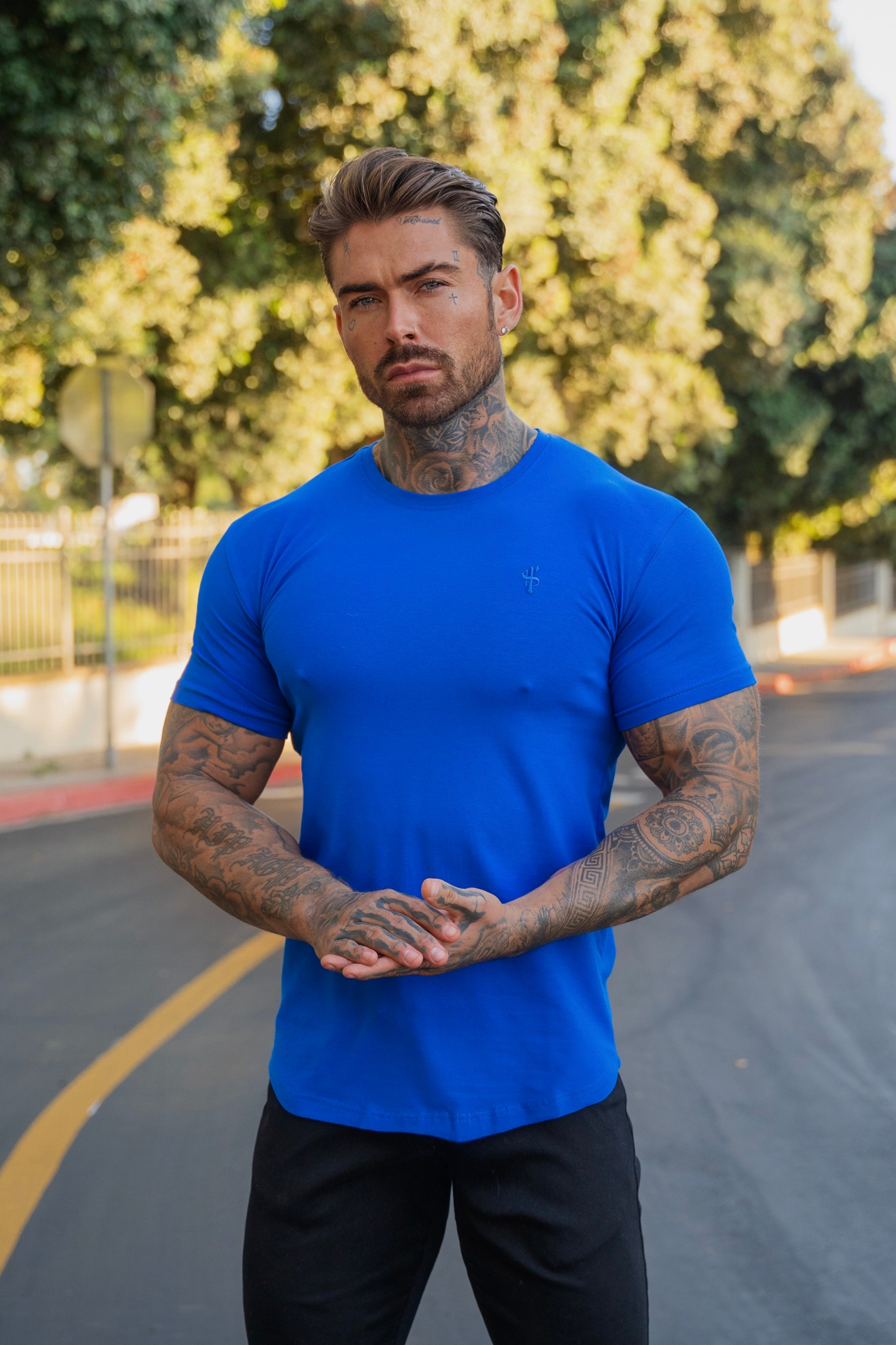 Classic Royal Blue Curved Hem Crew T Shirt - FSH1154