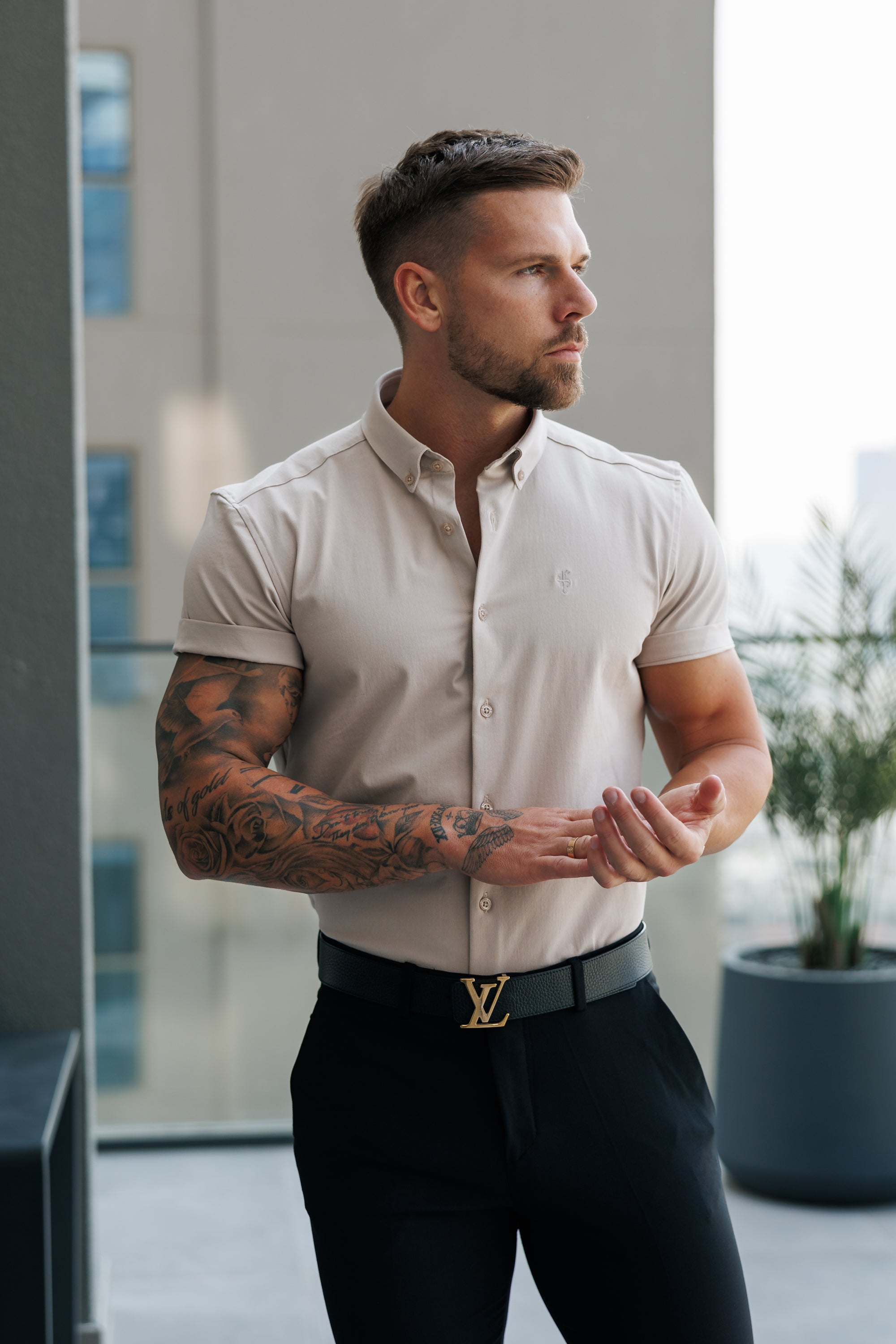 Super Slim Stretch Beige Short Sleeve with Button Down Collar - FS1098