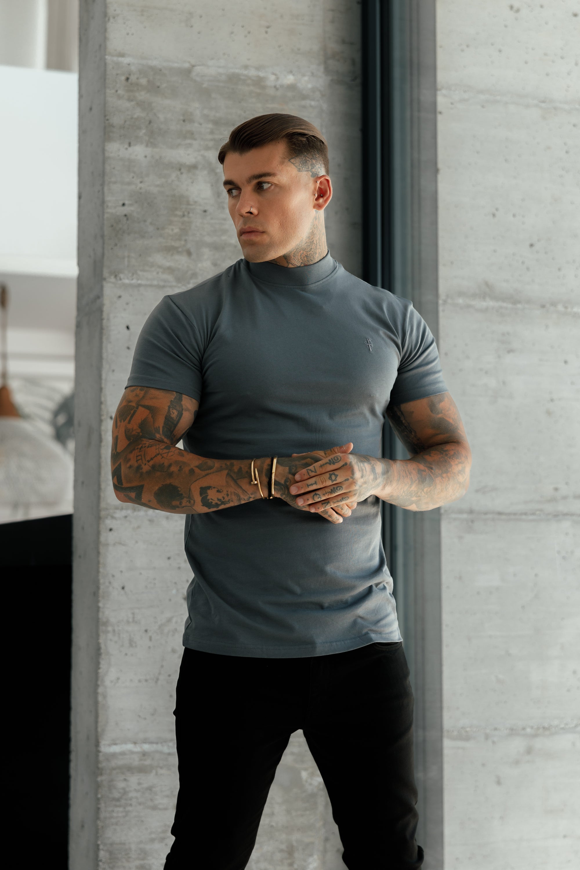 Ribbed High Neck Crew T-Shirt Short Sleeve Charcoal - FSH1115