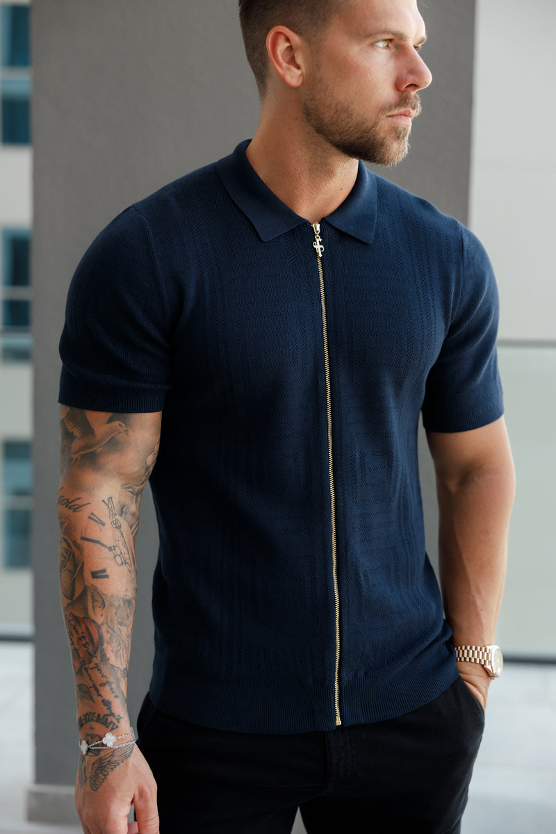 Father Sons Classic Knitted Geo Design With Full Length Zip Navy Short Sleeve - FSN149