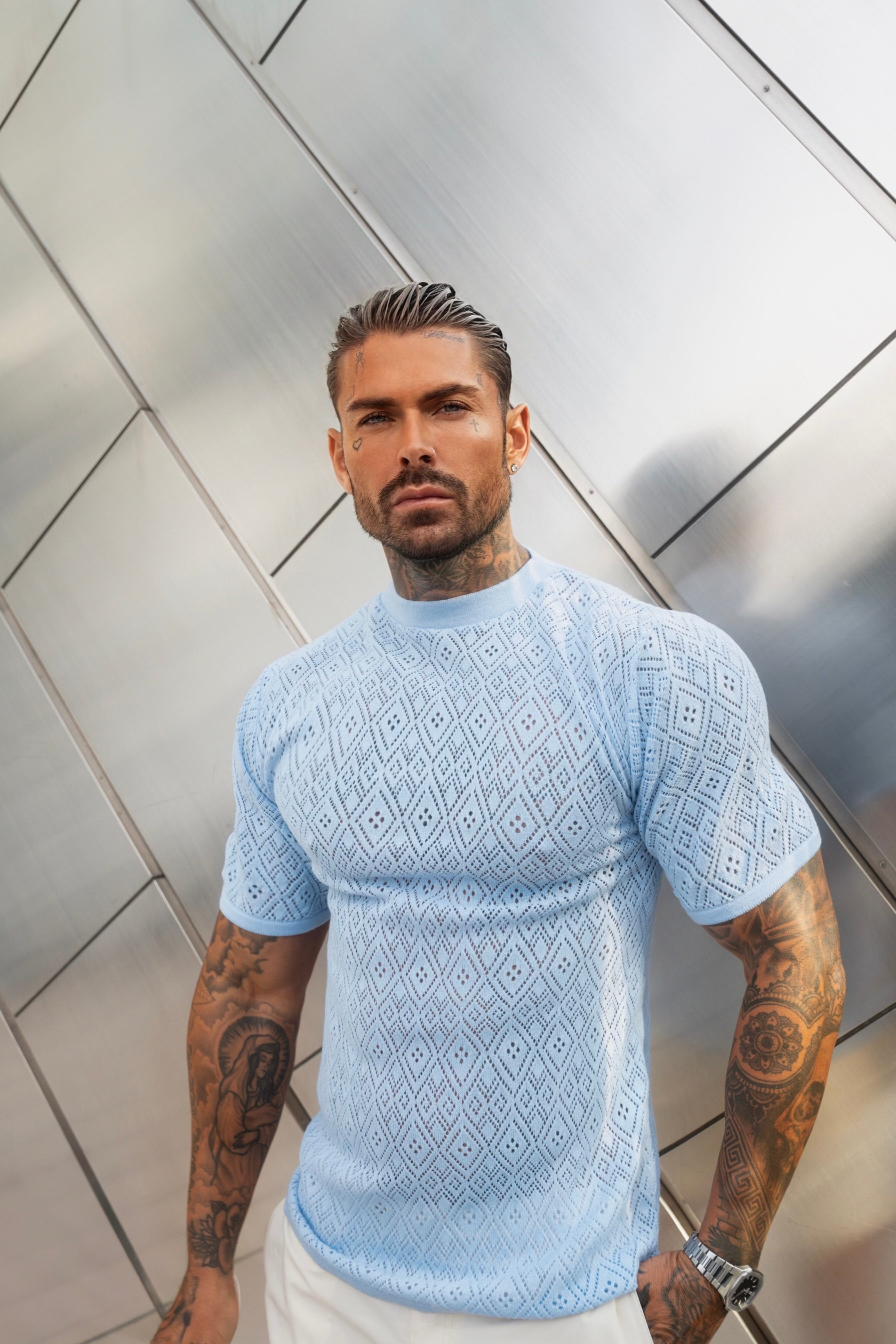 Crochet Crew T-Shirt Blue Short Sleeve - FSJ088