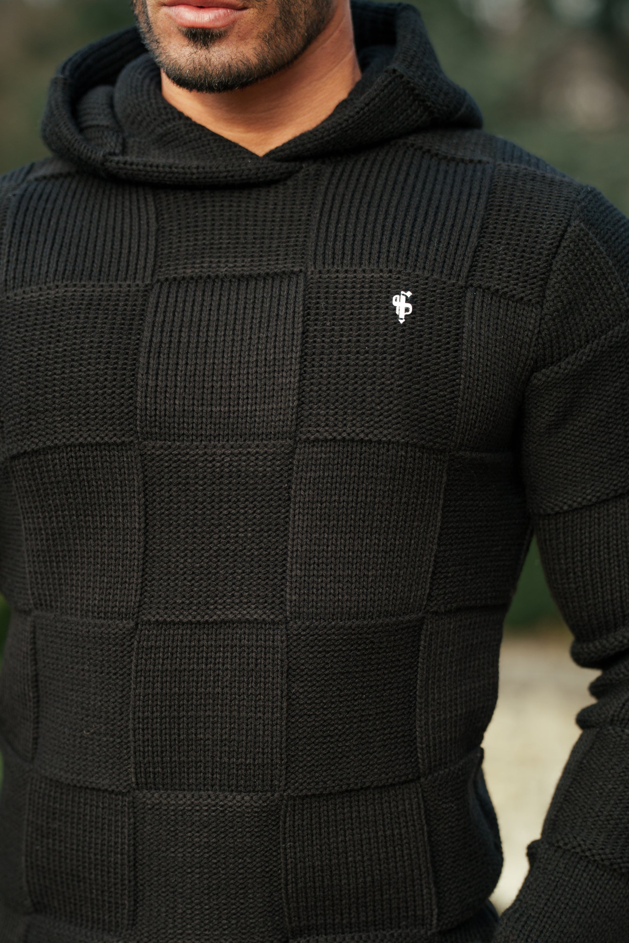 Black Checkerboard Knitted Hoodie - FSJ135