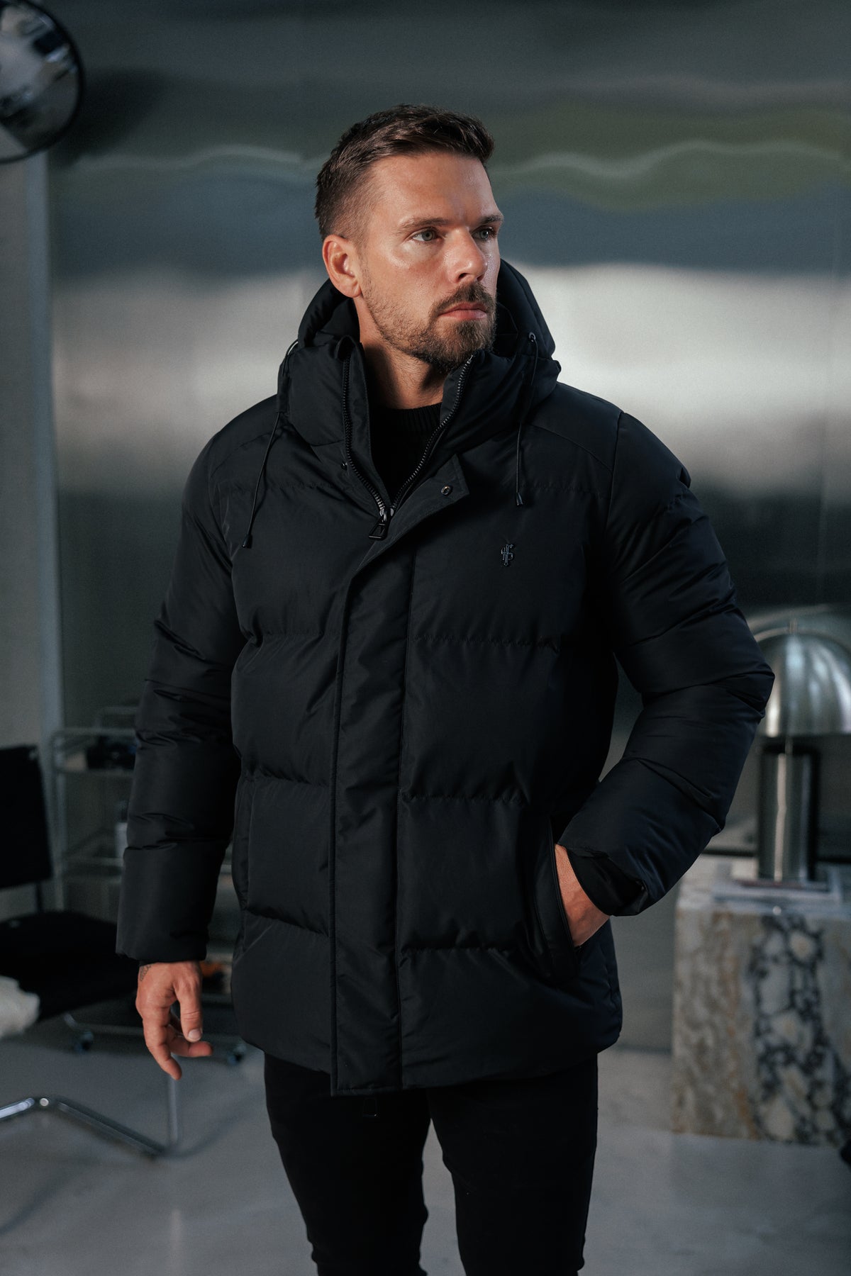 Black Padded Coat with Hood - FSN234