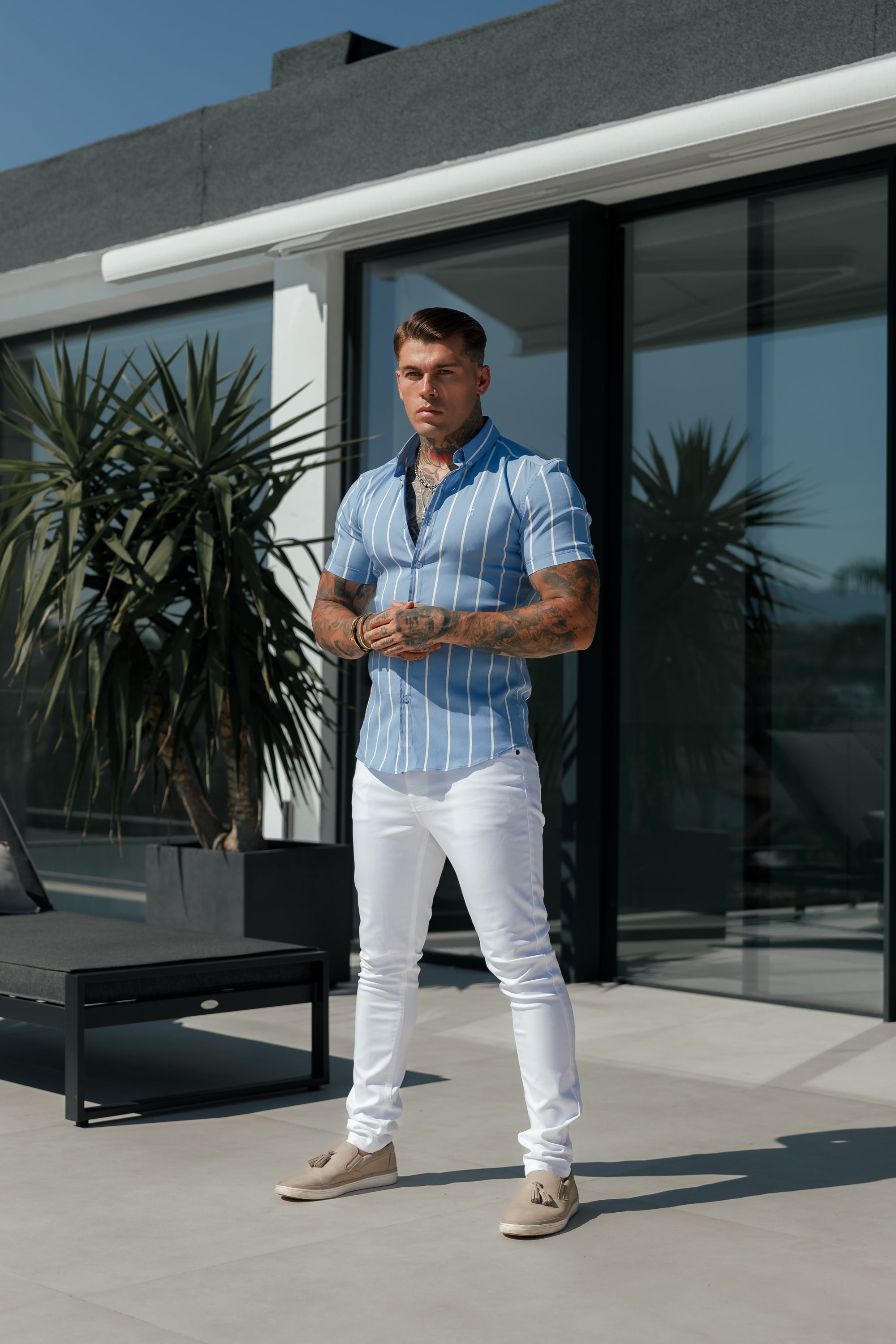 Super Slim Stretch Blue Printed Wide Stripe Short Sleeve with Button Down Collar - FS1054