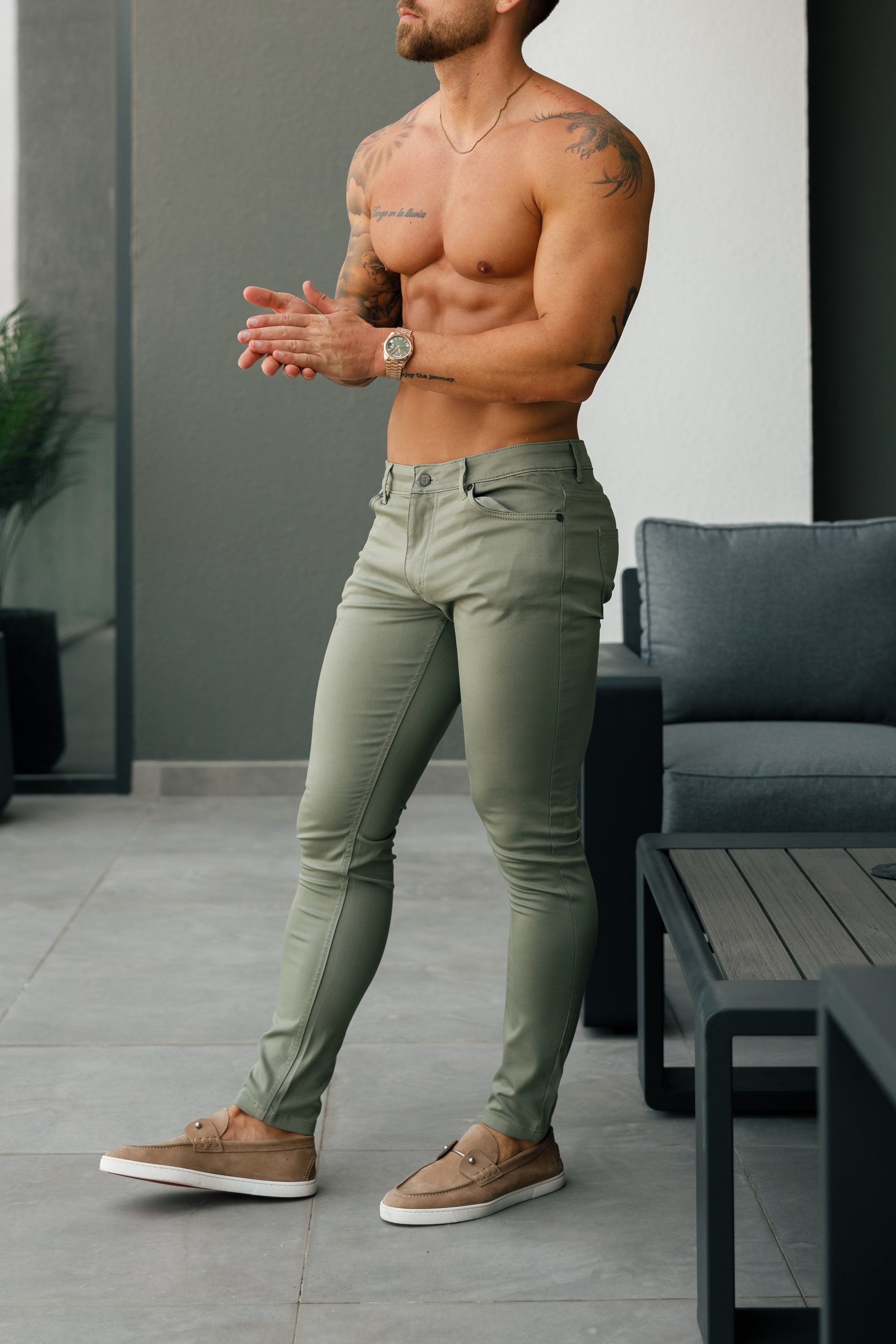 Slim Stretch Olive Sateen Trousers - FSH1145