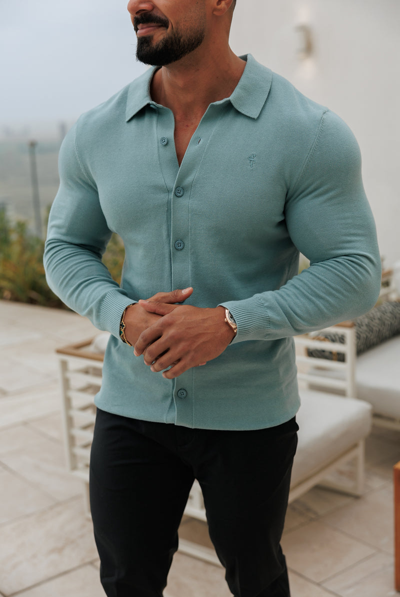 Father Sons Classic Plain Teal Knitted Button Through Polo Long Sleeve - FSN213