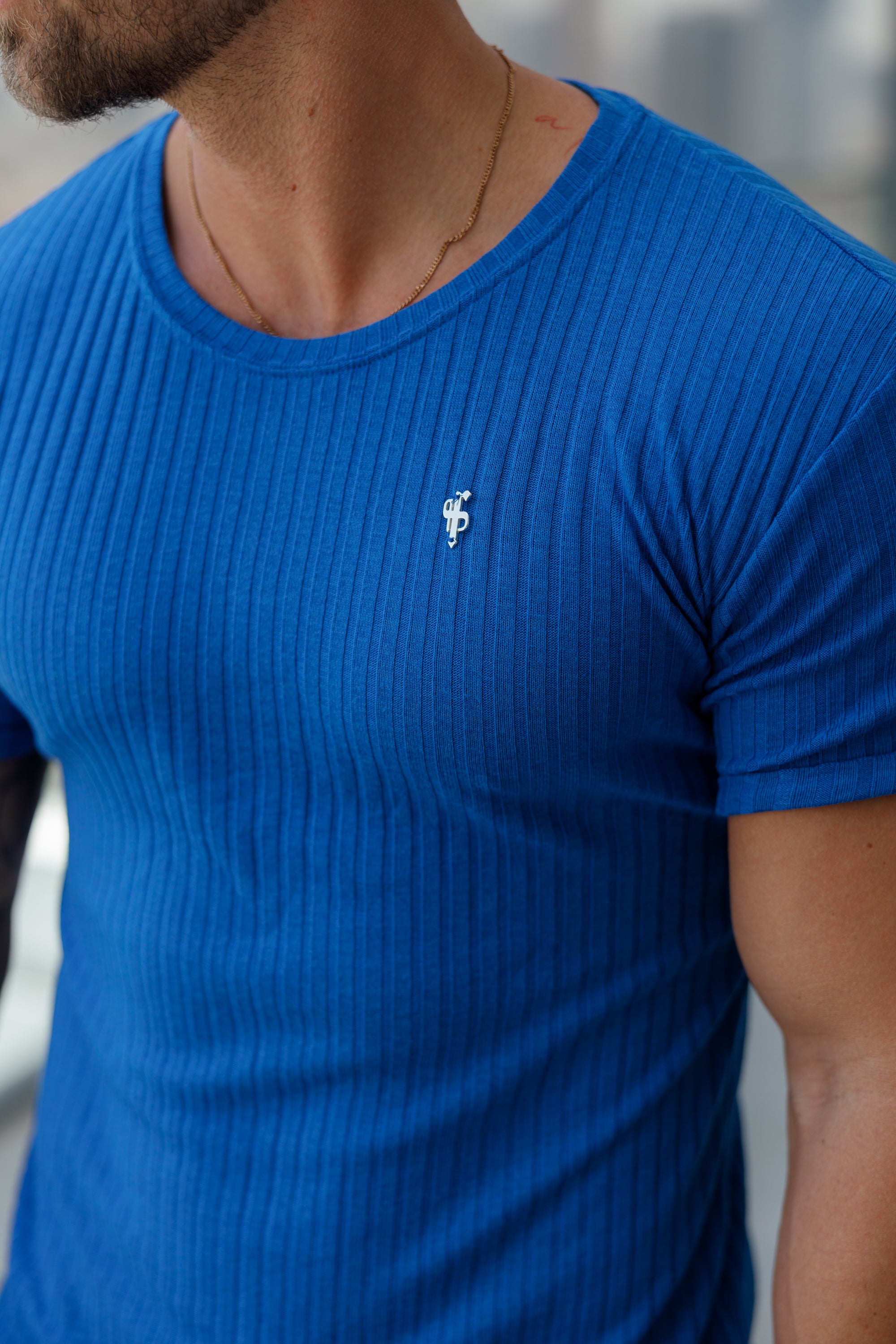 Classic Royal Blue / Silver Ribbed Knit Super Slim Short Sleeve Crew - FSH1091