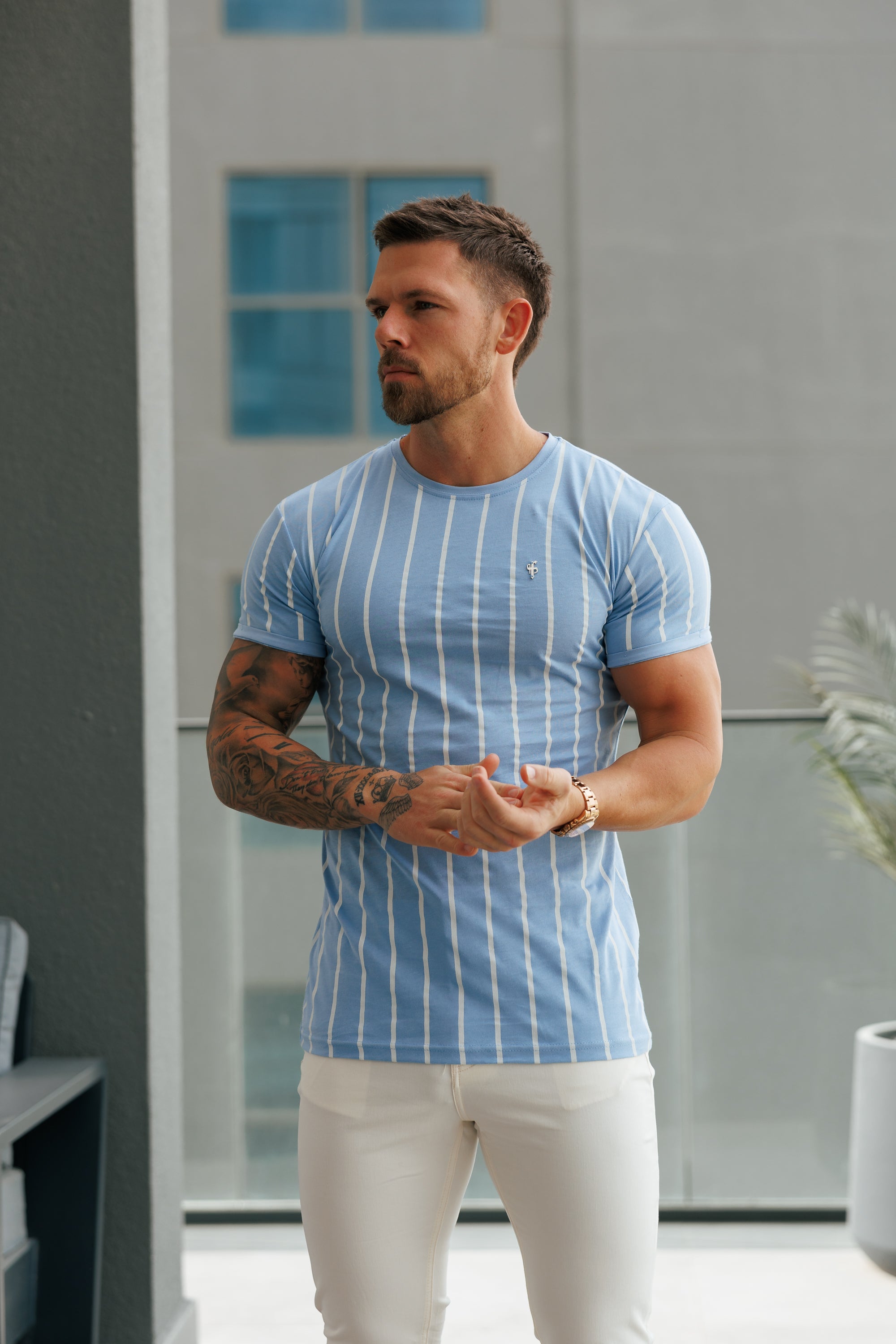 Printed Light Blue / White Stripe Fitted T Shirt - FSH1169