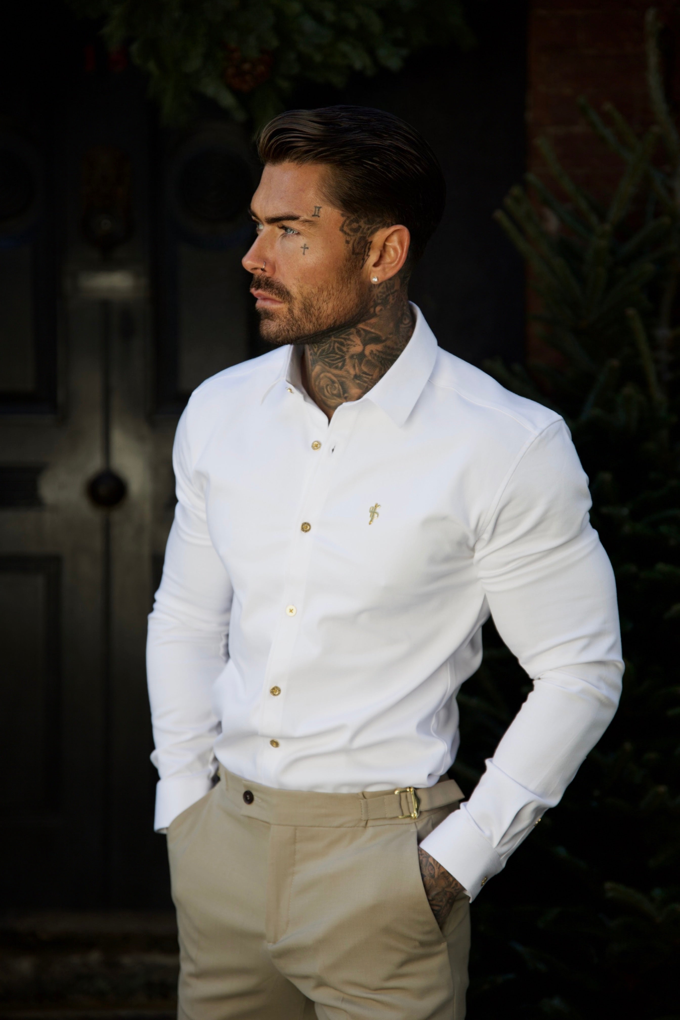 Super Slim Stretch White Denim Long Sleeve with Gold Metal Decal and Buttons - FS925
