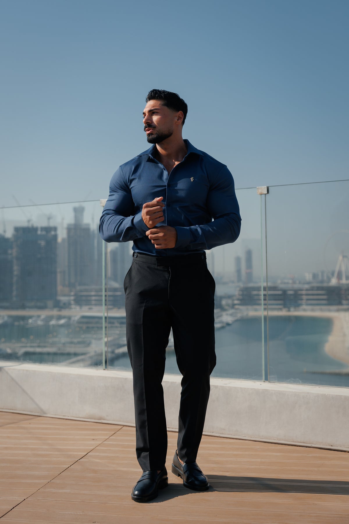 Super Slim Stretch New Navy Denim Long Sleeve with Gold Metal Decal and Cutaway Collar - FS1314