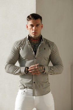 Father Sons Super Slim Stretch Cream / Black Double Stripe Print Long Sleeve with Button Down Collar - FS916