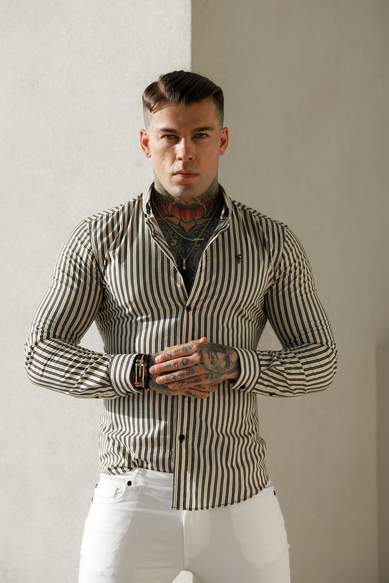 Father Sons Super Slim Stretch Cream / Black Double Stripe Print Long Sleeve with Button Down Collar - FS916
