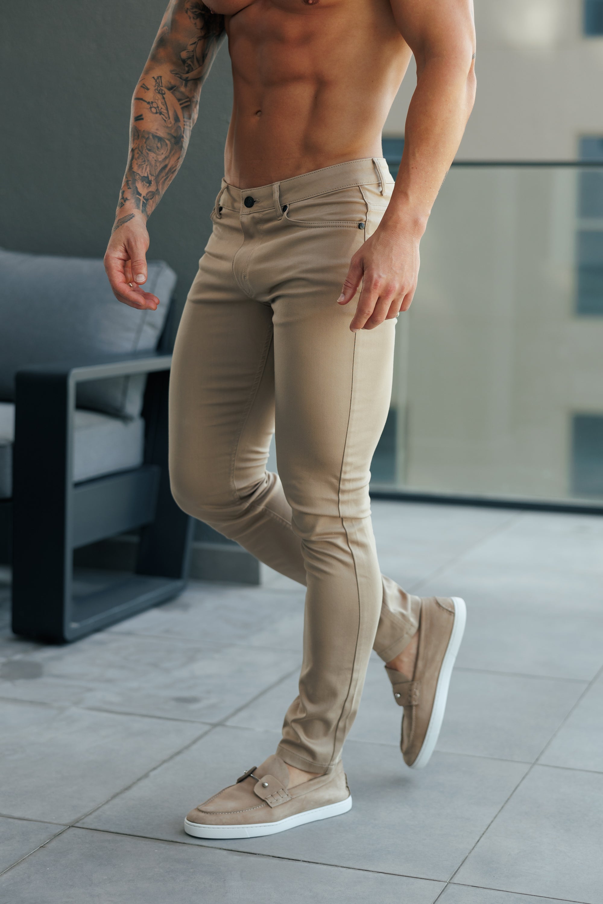 Slim Stretch Beige Relaxed Sateen Trousers - FSH1303