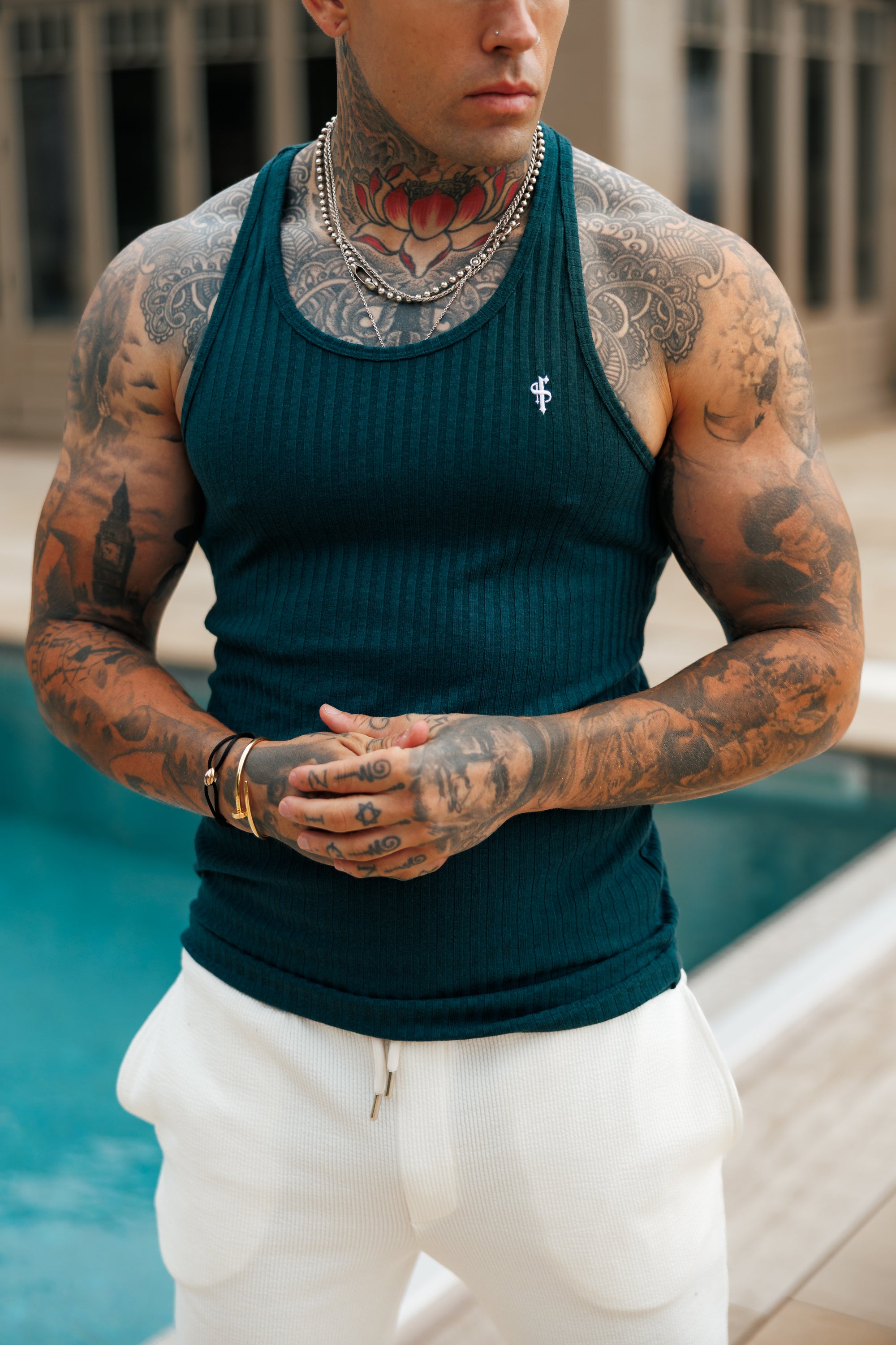 Forest Green / White Ribbed Knit Super Slim Vest - FSH1327