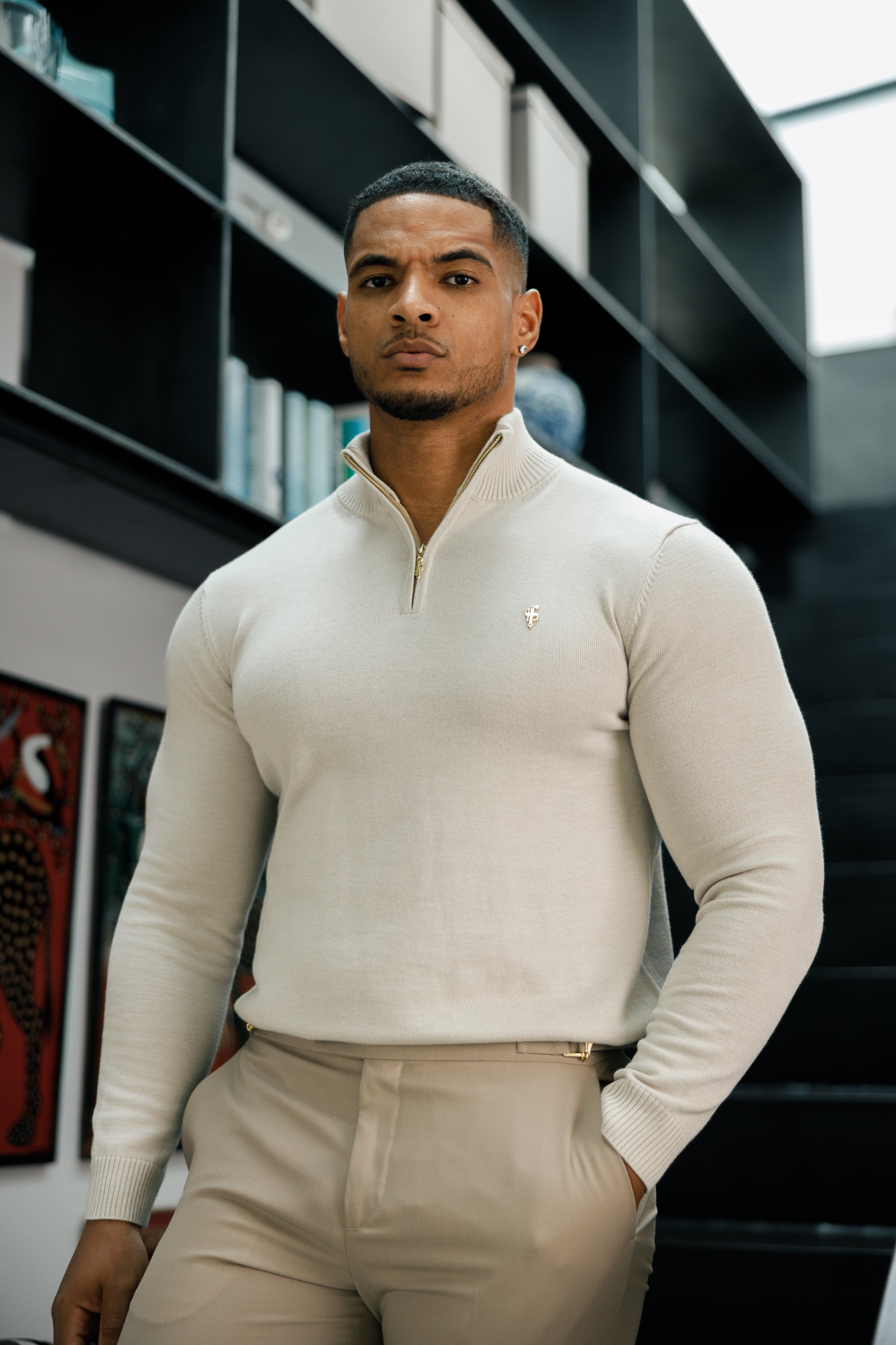 Beige Funnel Neck 1/2 Zip Knitted Jumper - FSN118