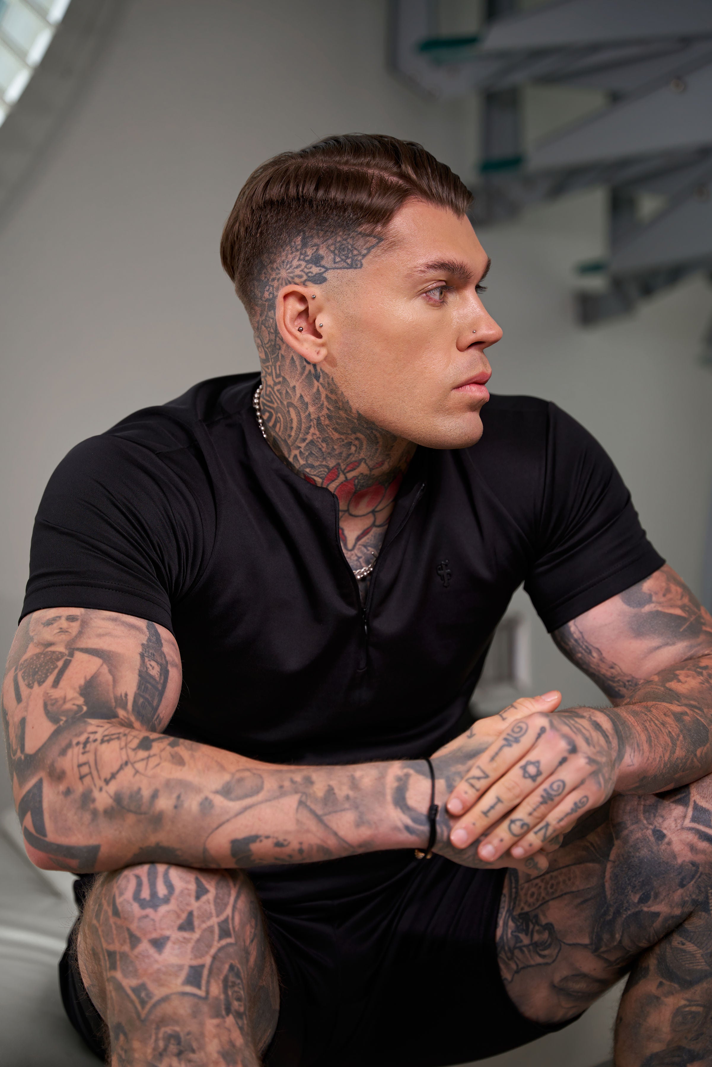 Scuba Black Crew T Shirt With Zip Detail Short Sleeve - FSH1031