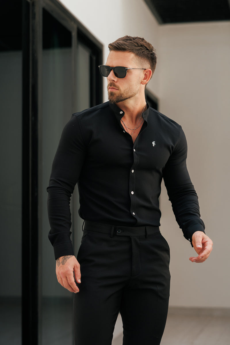 Father Sons Super Slim Scuba Black / Silver Long Sleeve Stretch with Grandad Collar - FS1191