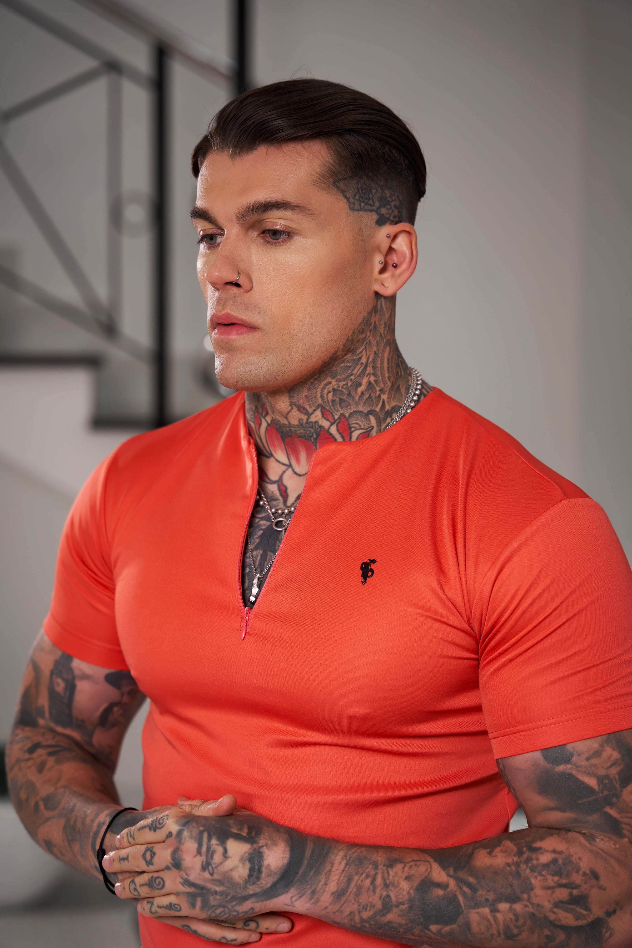 Scuba Coral / Black Crew T Shirt With Zip Detail Short Sleeve - FSH1036