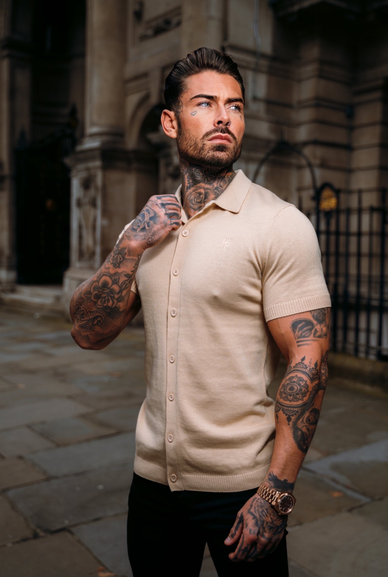Classic Plain Beige Knitted Button Through Polo Short Sleeve - FSN104