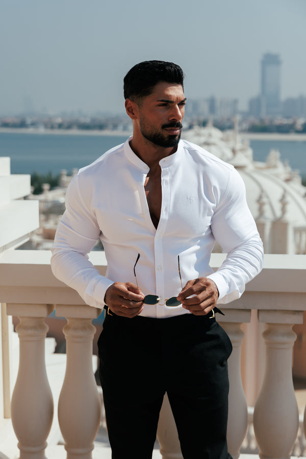 FS Super Slim Scuba White Long Sleeve Stretch with Grandad Collar - FS1170