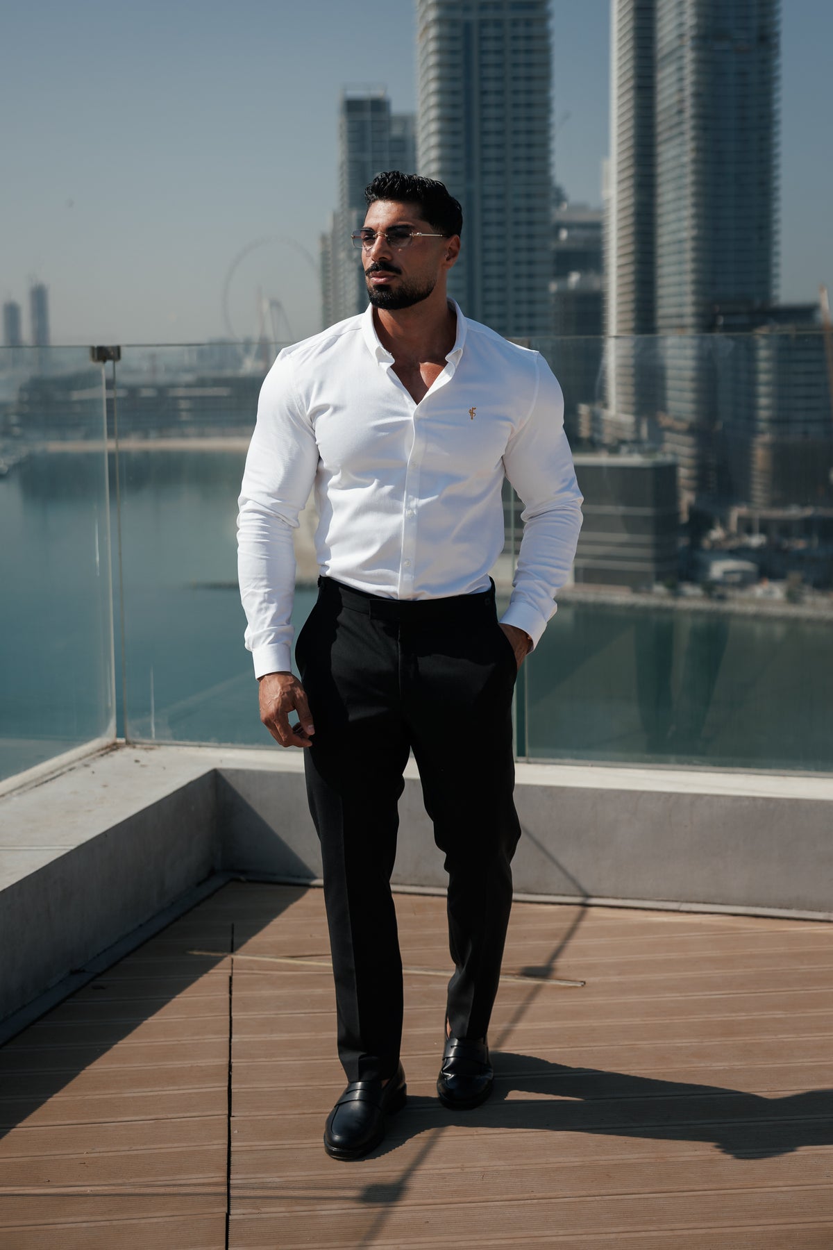 Super Slim Stretch White Denim Long Sleeve with Gold Embroidery and Button Down Collar - FS1282