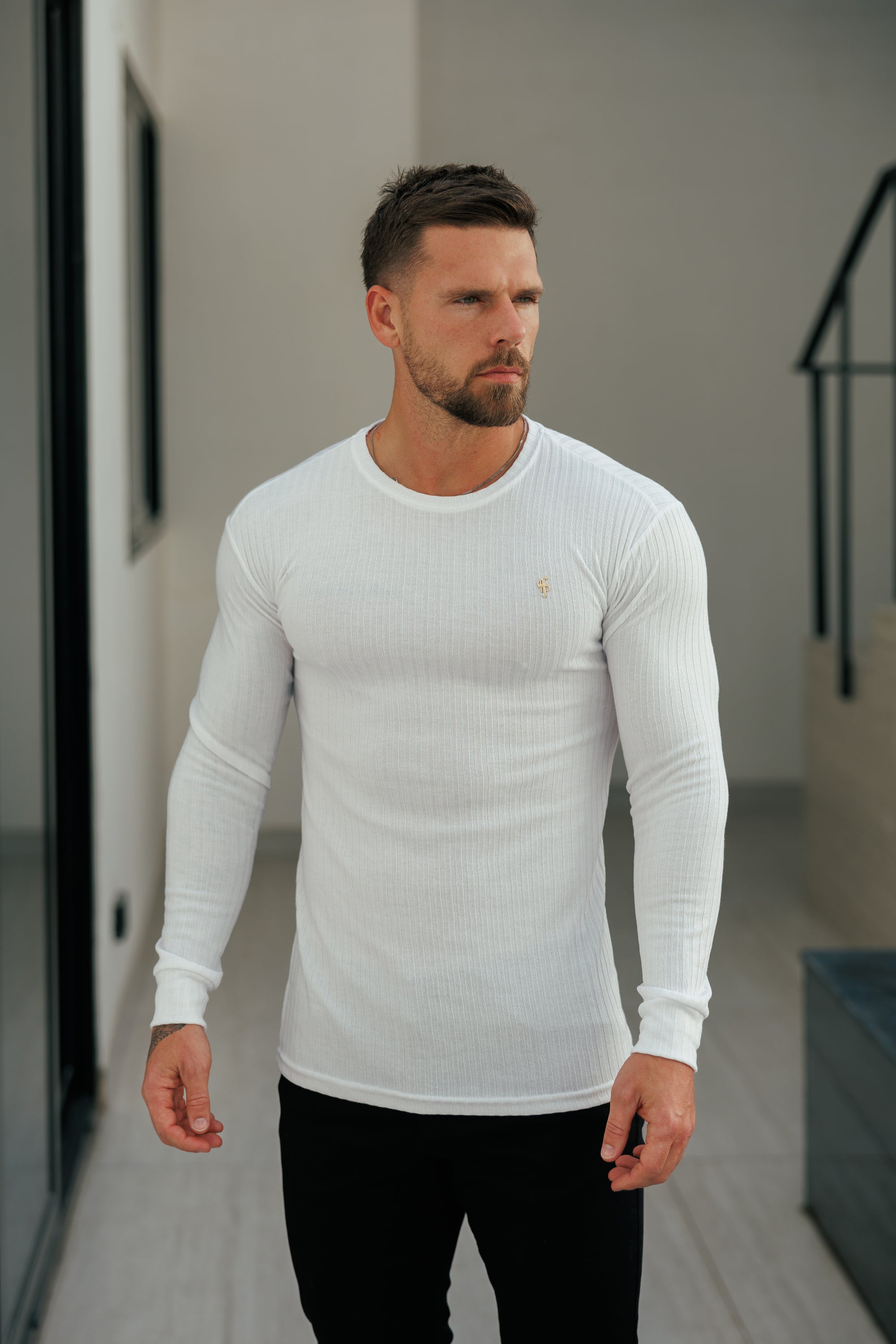 Super Slim White / Gold Ribbed Knit Super Slim Crew - FSH499
