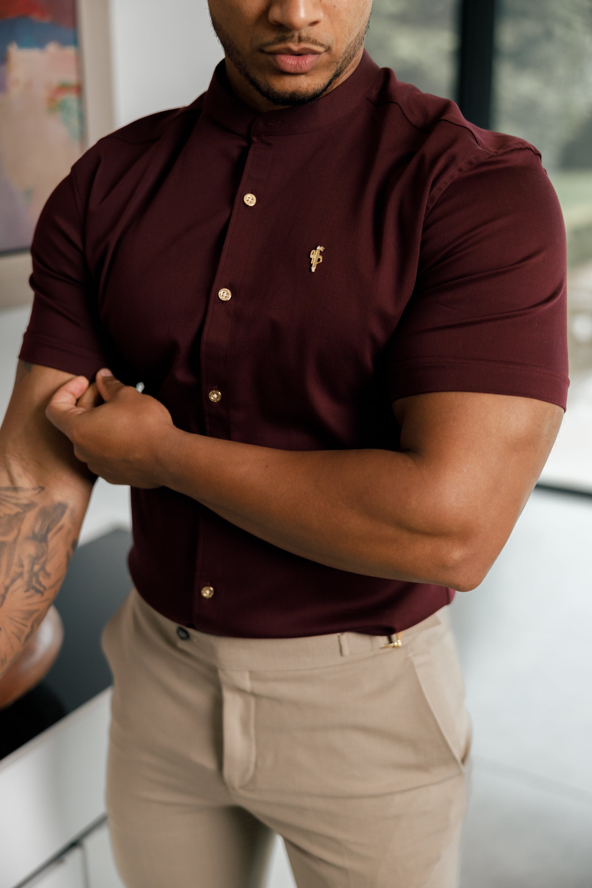 Super Slim Stretch Burgundy Denim Short Sleeve Grandad collar with Metal Buttons and Decal Emblem - FS722