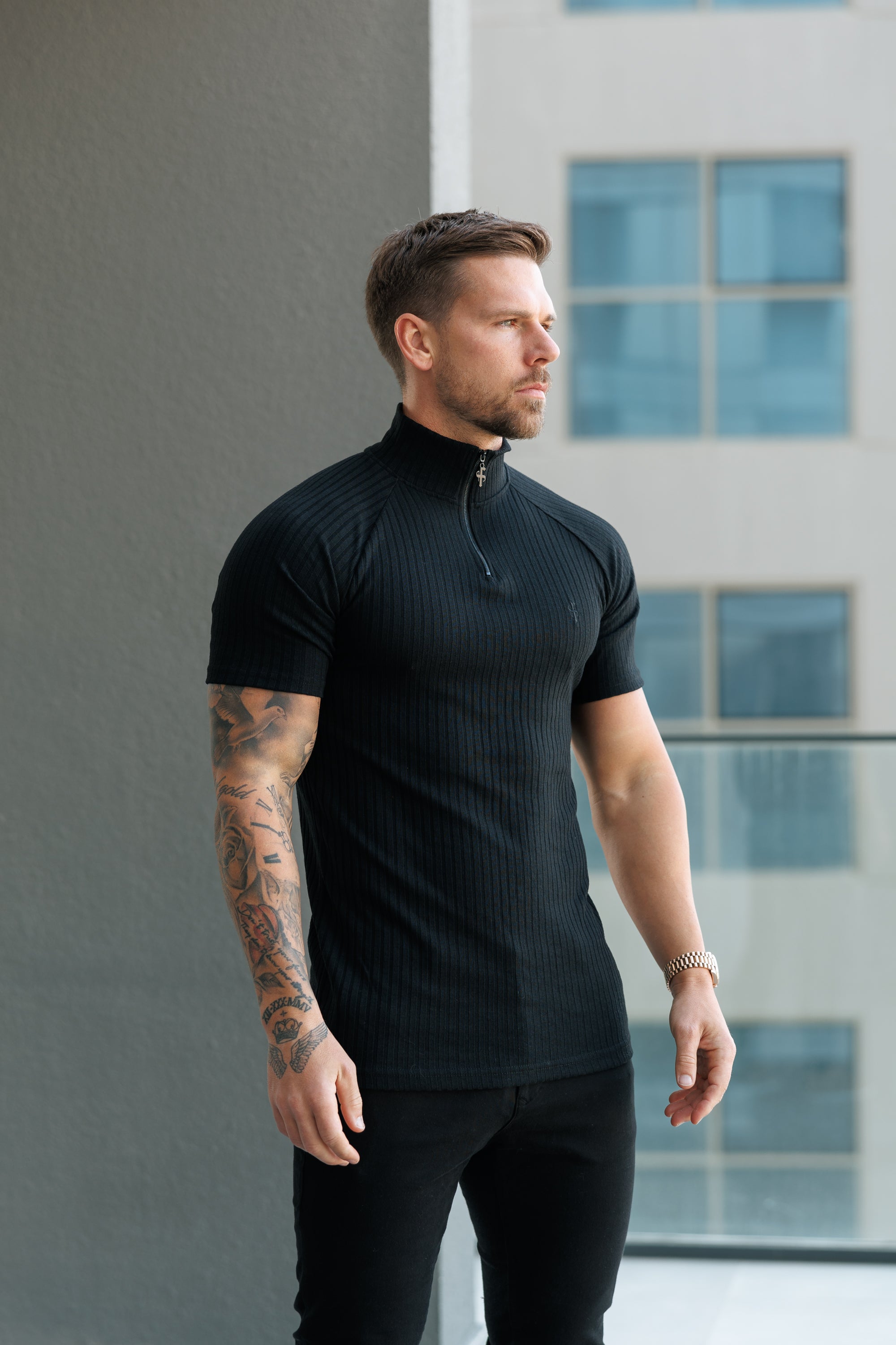 Classic Black Ribbed Zip Funnel Neck Raglan Short Sleeve Crew - FSH729