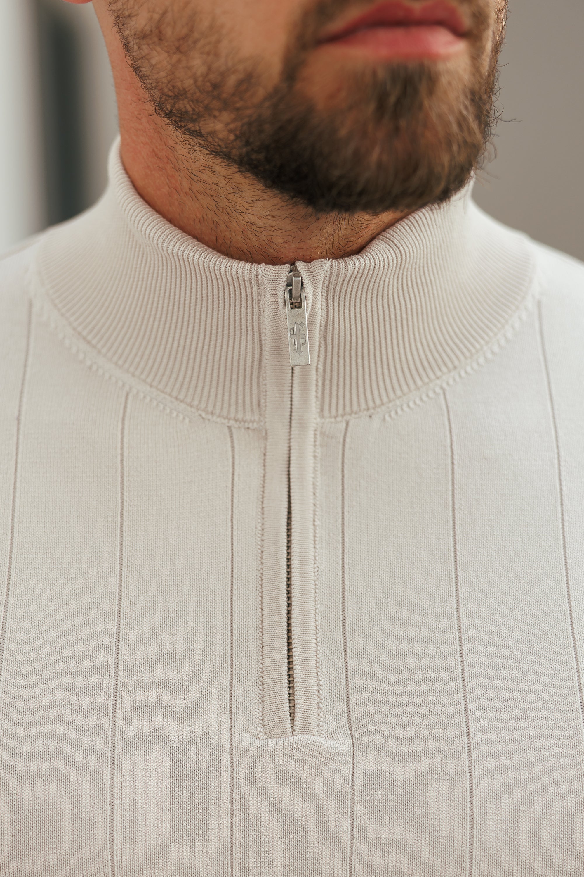 Self Stripe 1/4 Zip Funnel Neck Knit Jumper Cream Long Sleeve  -  FSR052