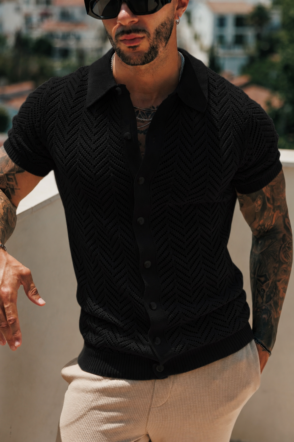 Black Chevron Perforated Shirt Short Sleeve -  FSA013 (PRE ORDER 31ST AUGUST)