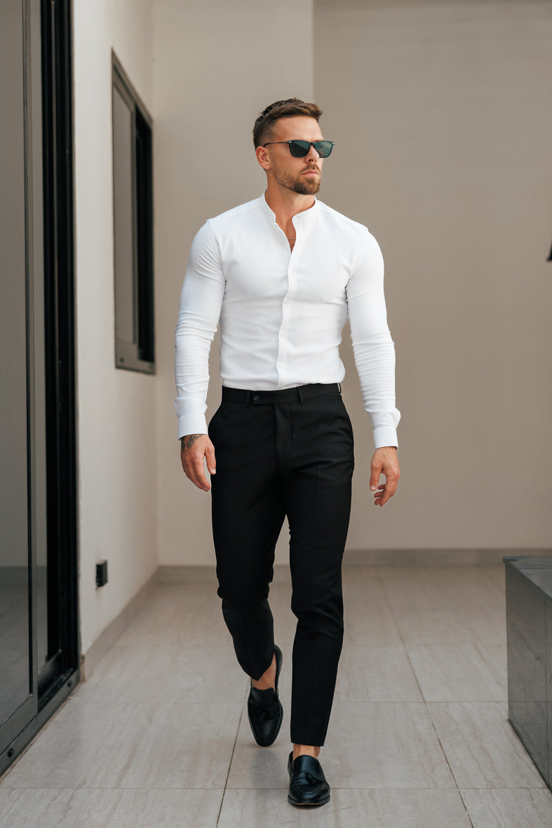 FS Super Slim Scuba White Long Sleeve Stretch with Grandad Collar - FS1170