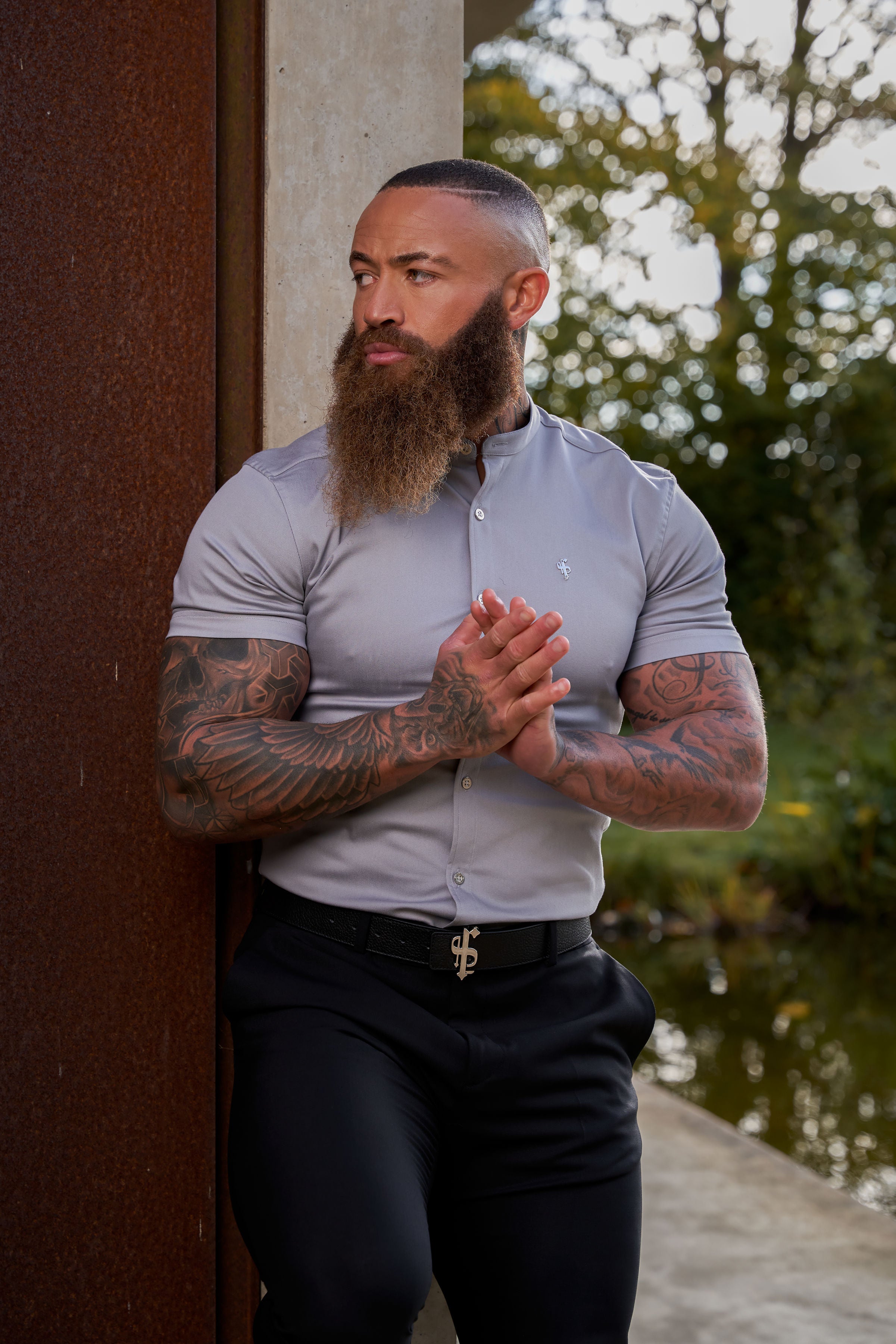 Super Slim Stretch Grey Denim Short Sleeve With Grandad Collar and Silver Metal Buttons and Decal  - FS963