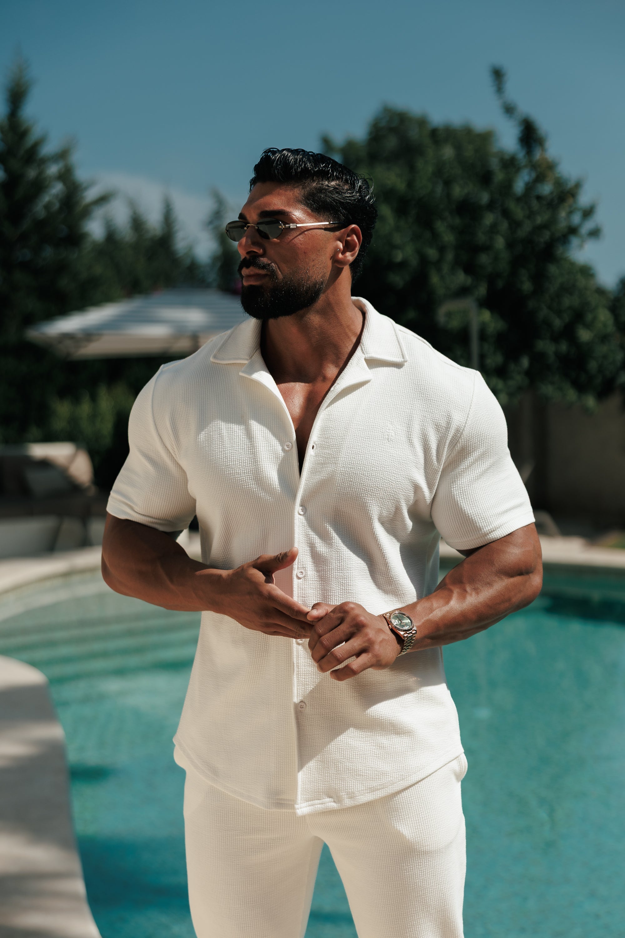 Jersey Cord Stretch White Revere Shirt Short Sleeve - FSR069 (PRE ORDER 18TH JULY)