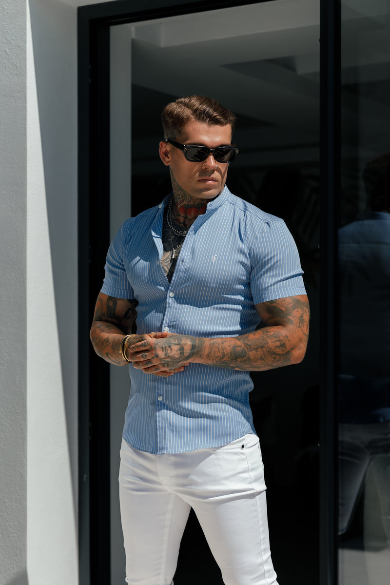 Father Sons Super Slim Stretch Light Blue Printed Pinstripe Short Sleeve with Grandad Collar - FS1060