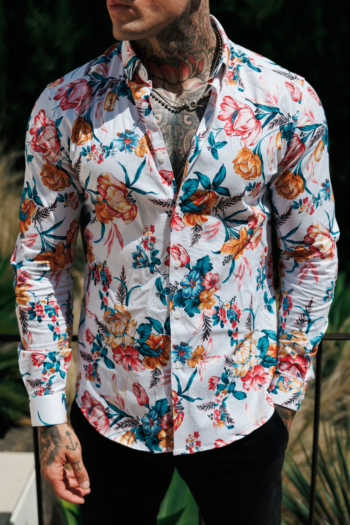 Super Slim Stretch White Vibrant Floral Print Long Sleeve with Button Down Collar - FS1276