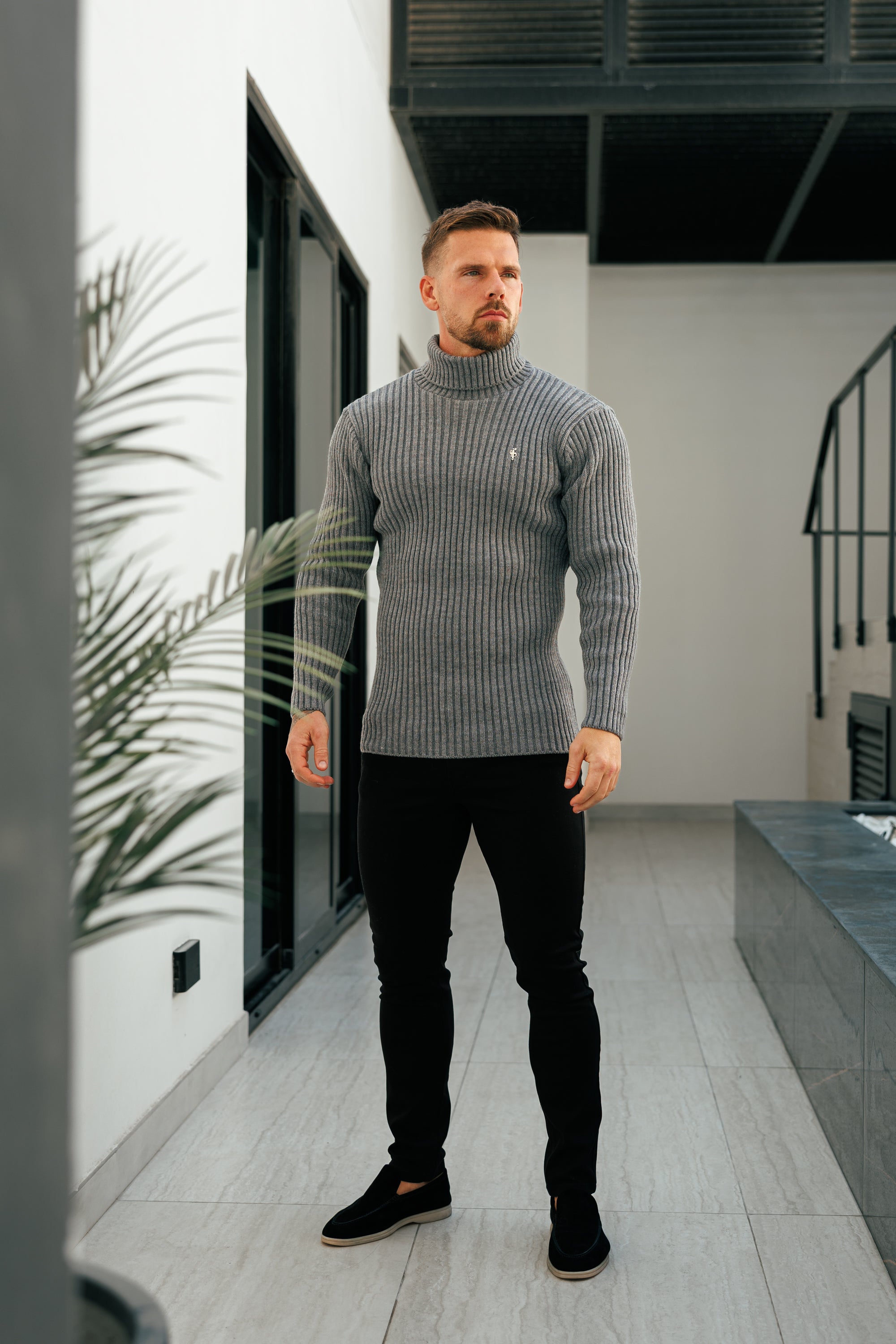 Ribbed Knit Charcoal Roll Neck Jumper - FSJ117