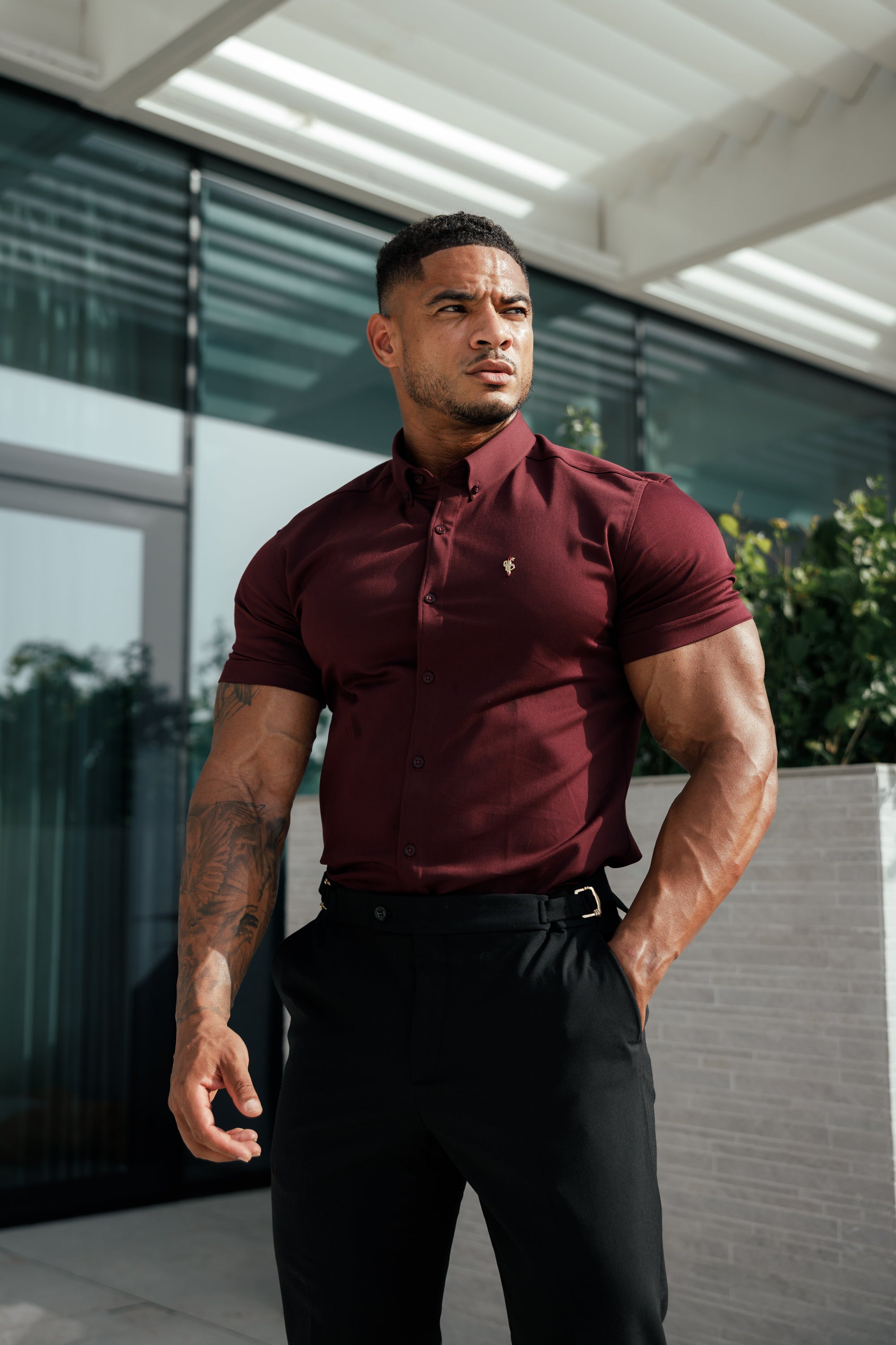 Super Slim Stretch Burgundy Denim Short Sleeve with Gold Metal Decal and Button Down Collar - FS1045
