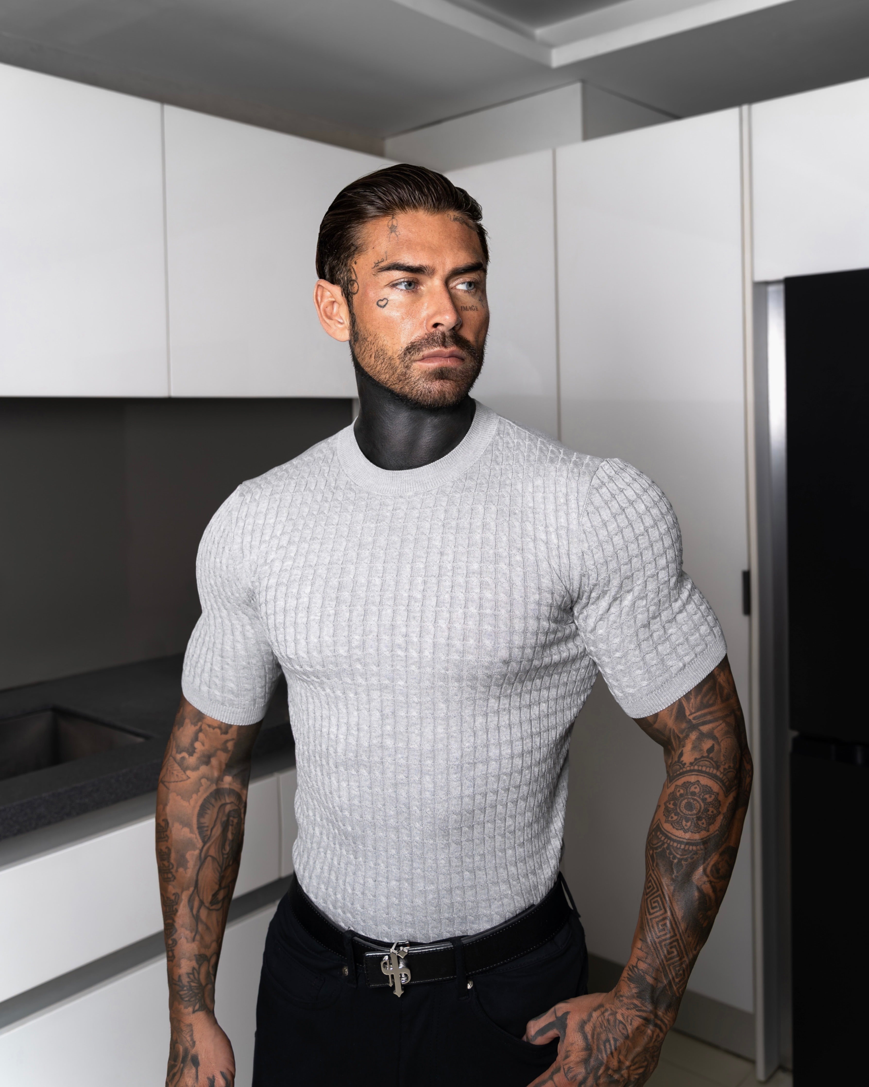 Front Chain Knit Crew Tshirt Silver Grey Short Sleeve  -  FSR056