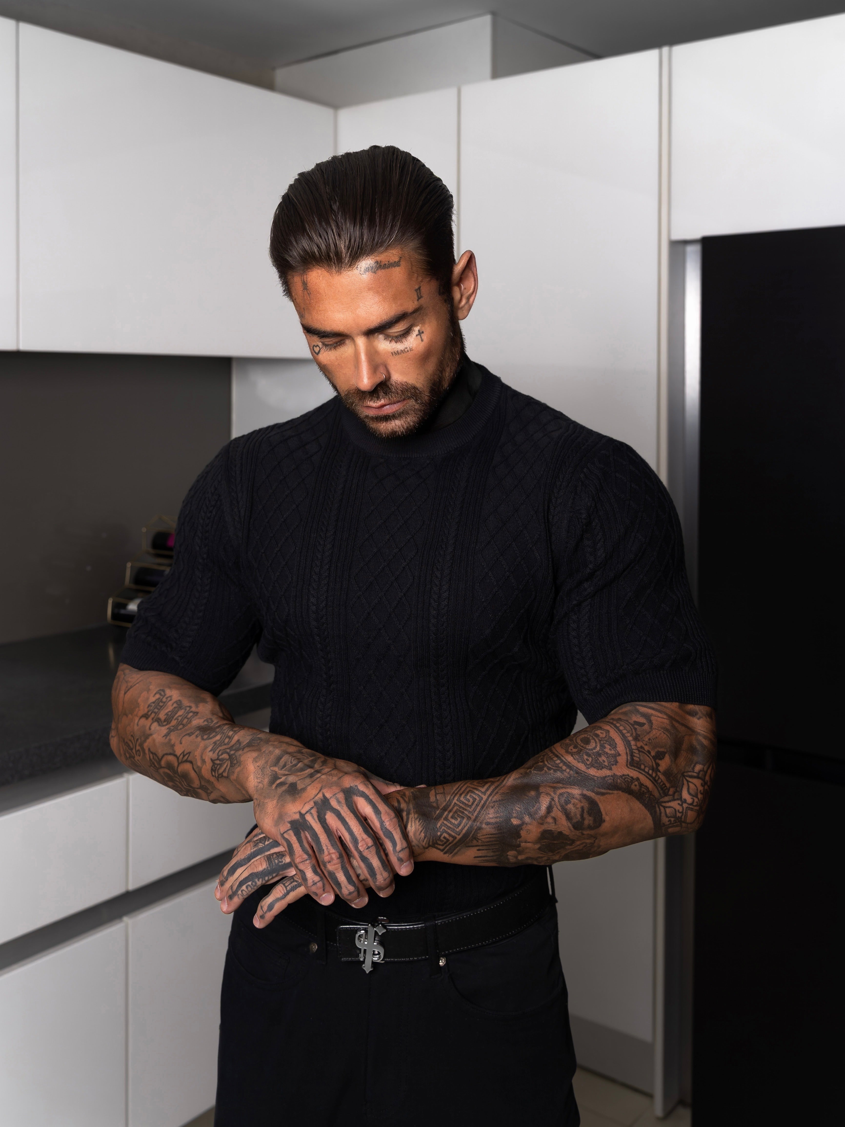 Fine Knit Diamond Black Jumper Short Sleeve - FSA010