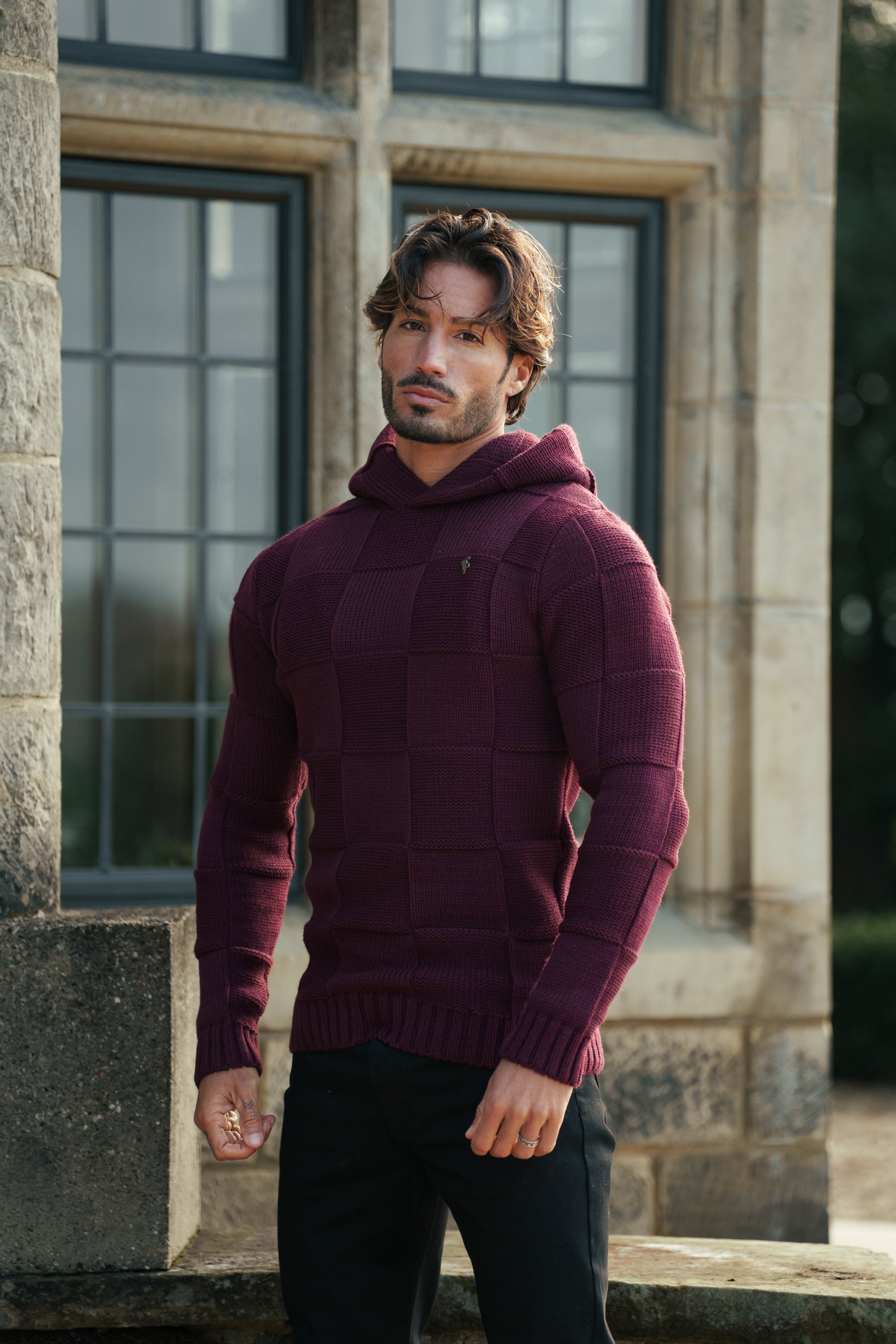Wine Checkerboard Knitted Hoodie - FSJ139