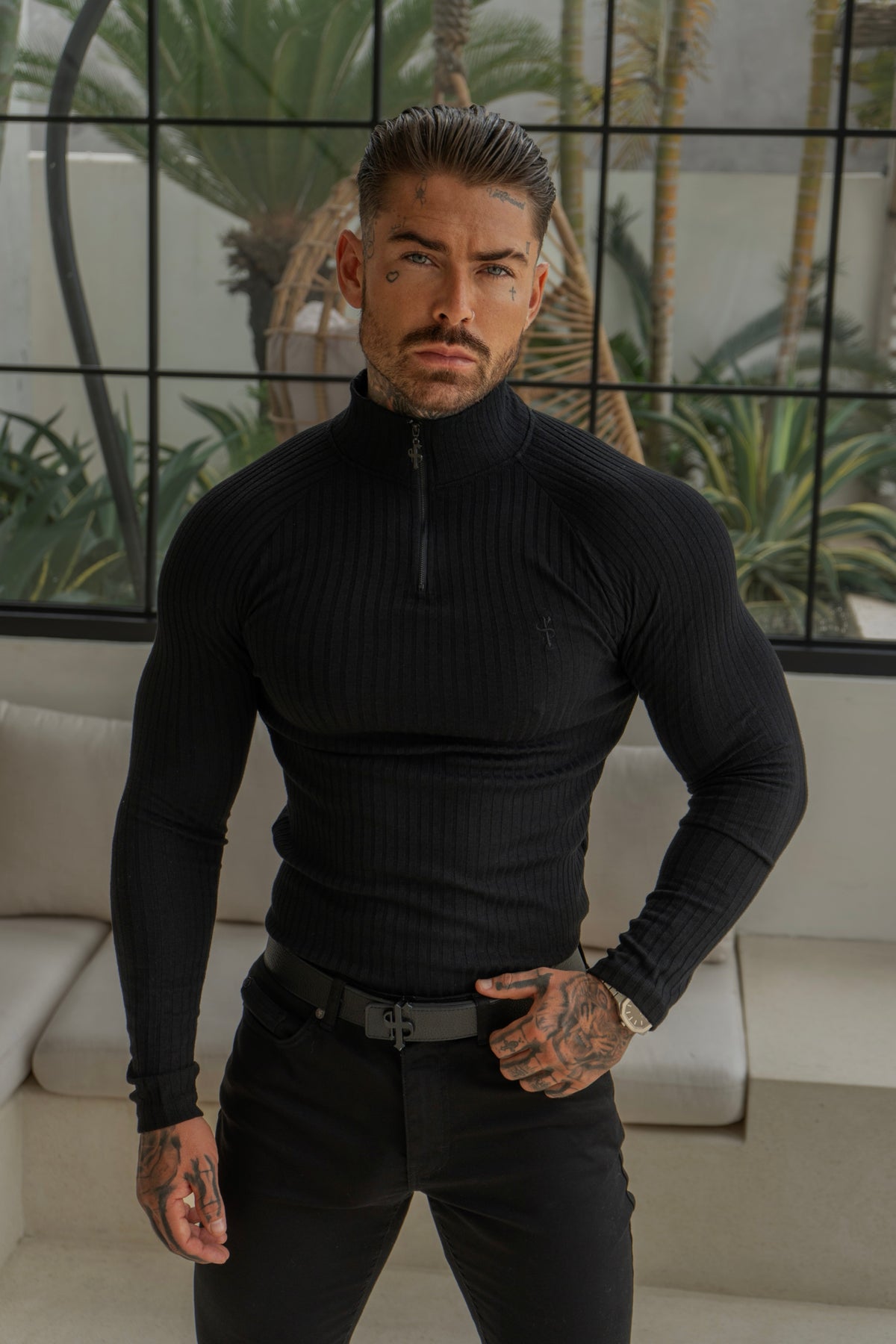 Super Slim Black Ribbed Zip Funnel Neck Raglan Long Sleeve Crew - FSH1