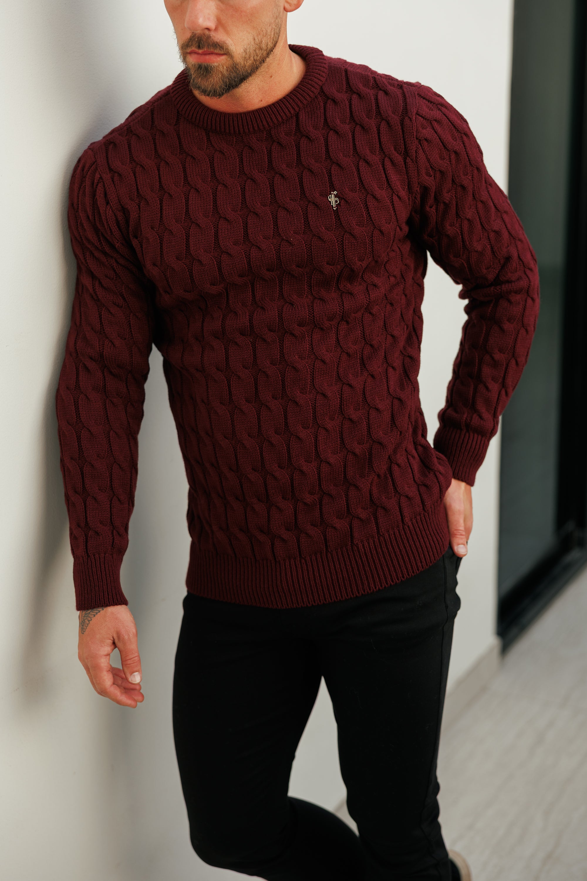 Link Weave Knit Wine Crew Neck Jumper - FSJ131