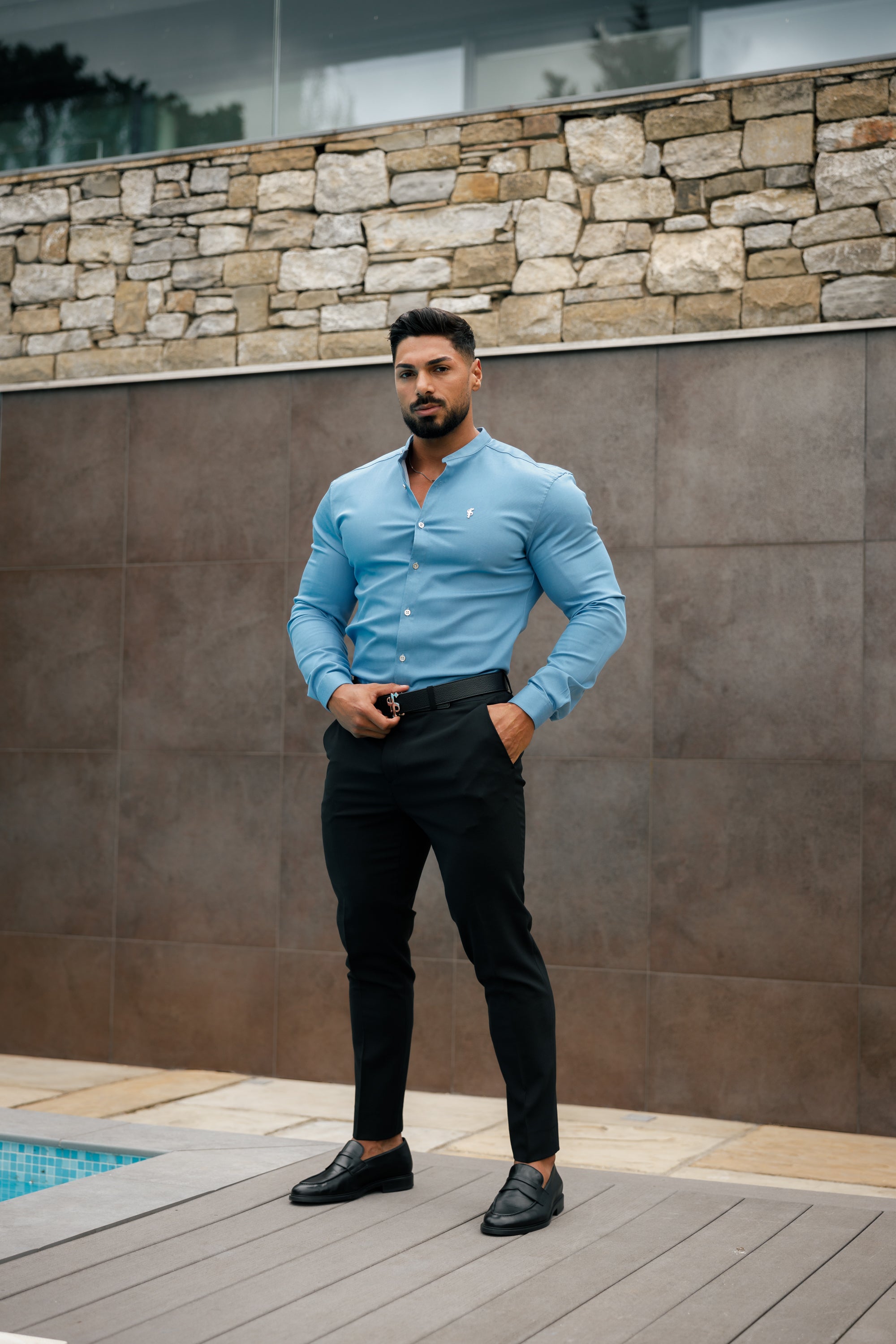 Super Slim Stretch Light Blue Denim Long Sleeve Grandad collar with Metal Buttons and Decal Emblem - FS717