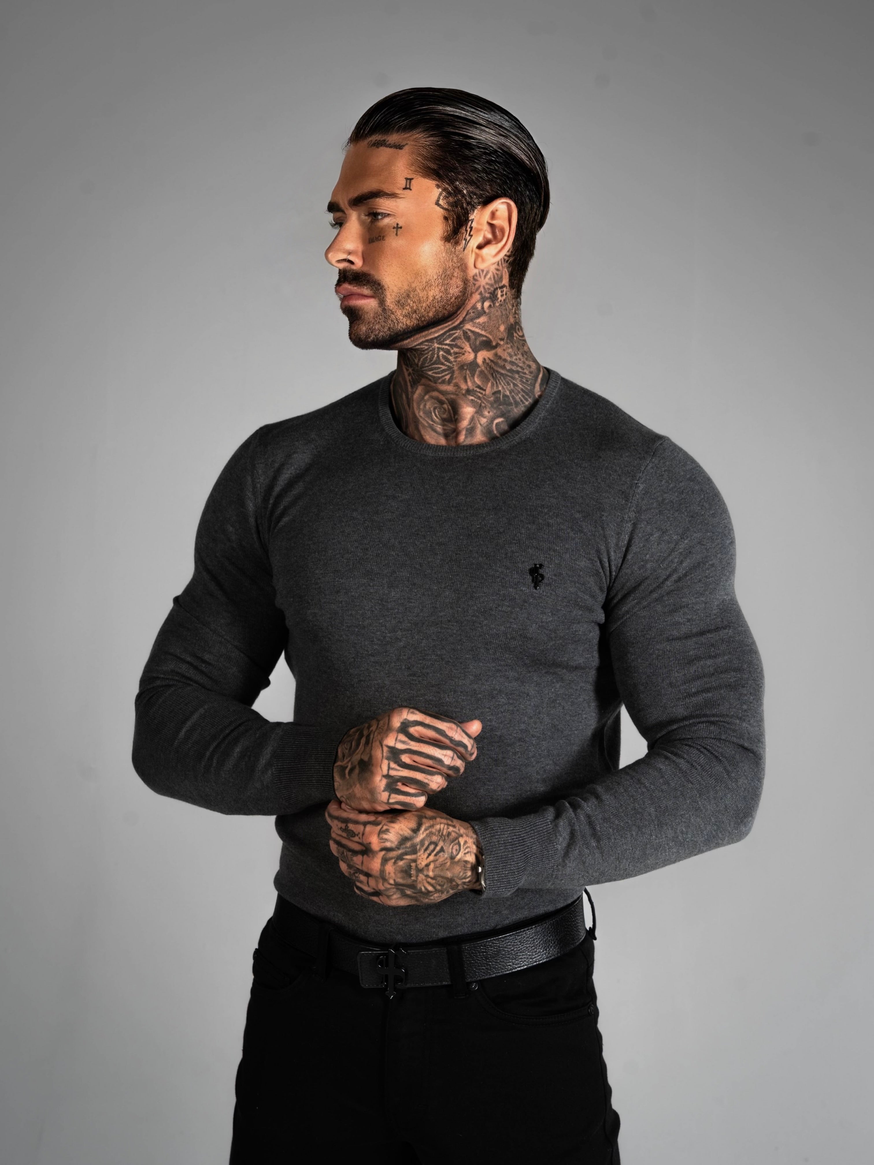 Charcoal Crew Neck Knitted Jumper With FS Branding - FSN198